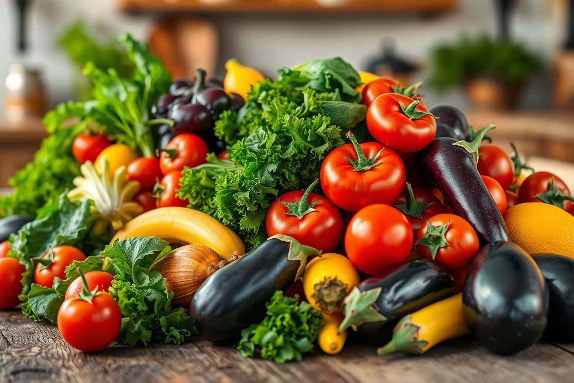 Variedade de legumes e frutas frescas em destaque sobre uma mesa rústica: tomates, berinjelas, bananas, alface, cebola, abobr