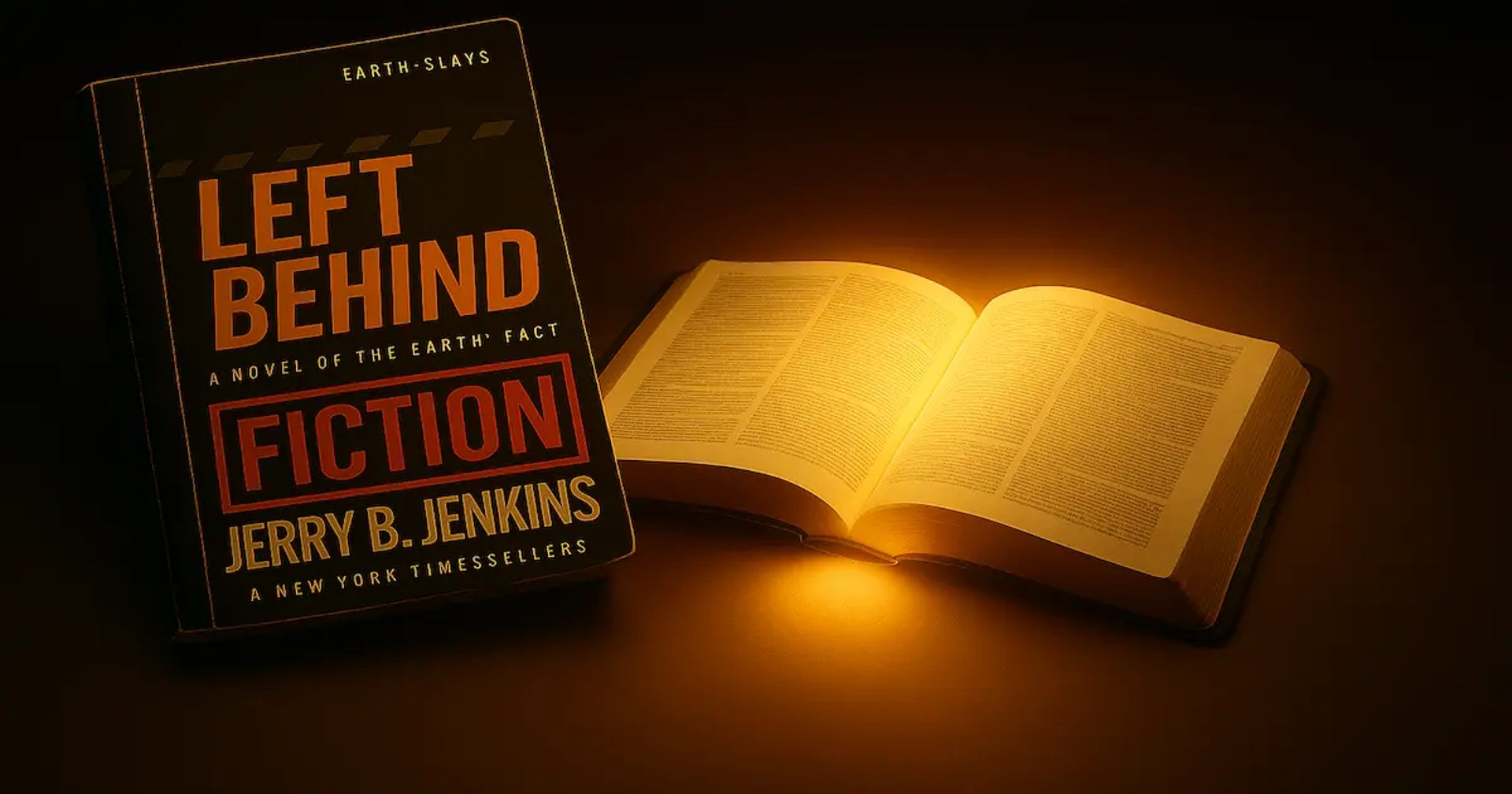 Left Behind book stamped Fiction by Jerry B. Jenkins beside glowing open Bible, dramatic lighting, truth vs rapture fiction.