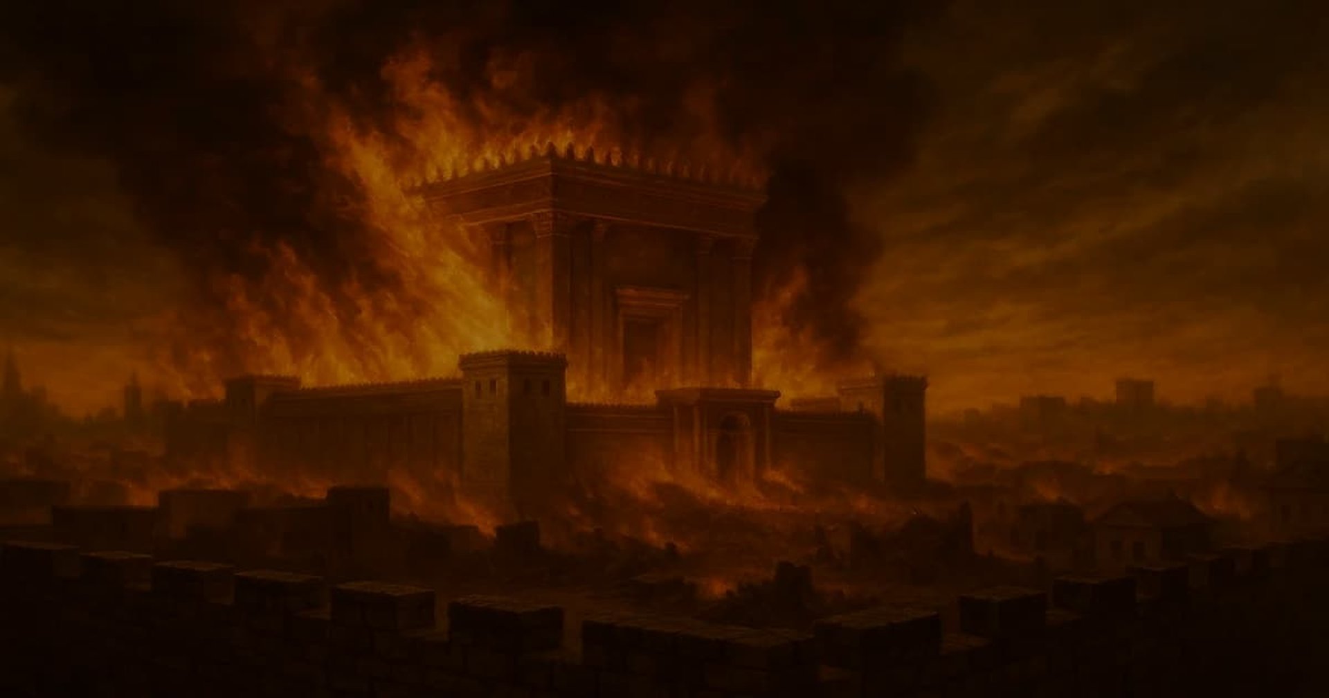 Illustration of the Second Temple in Jerusalem burning during its destruction in AD 70, flames engulfing the city