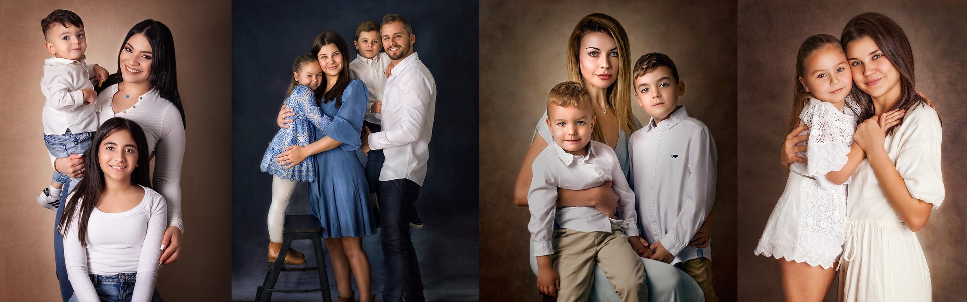 a carousel of family portraits posing during a studio photography session