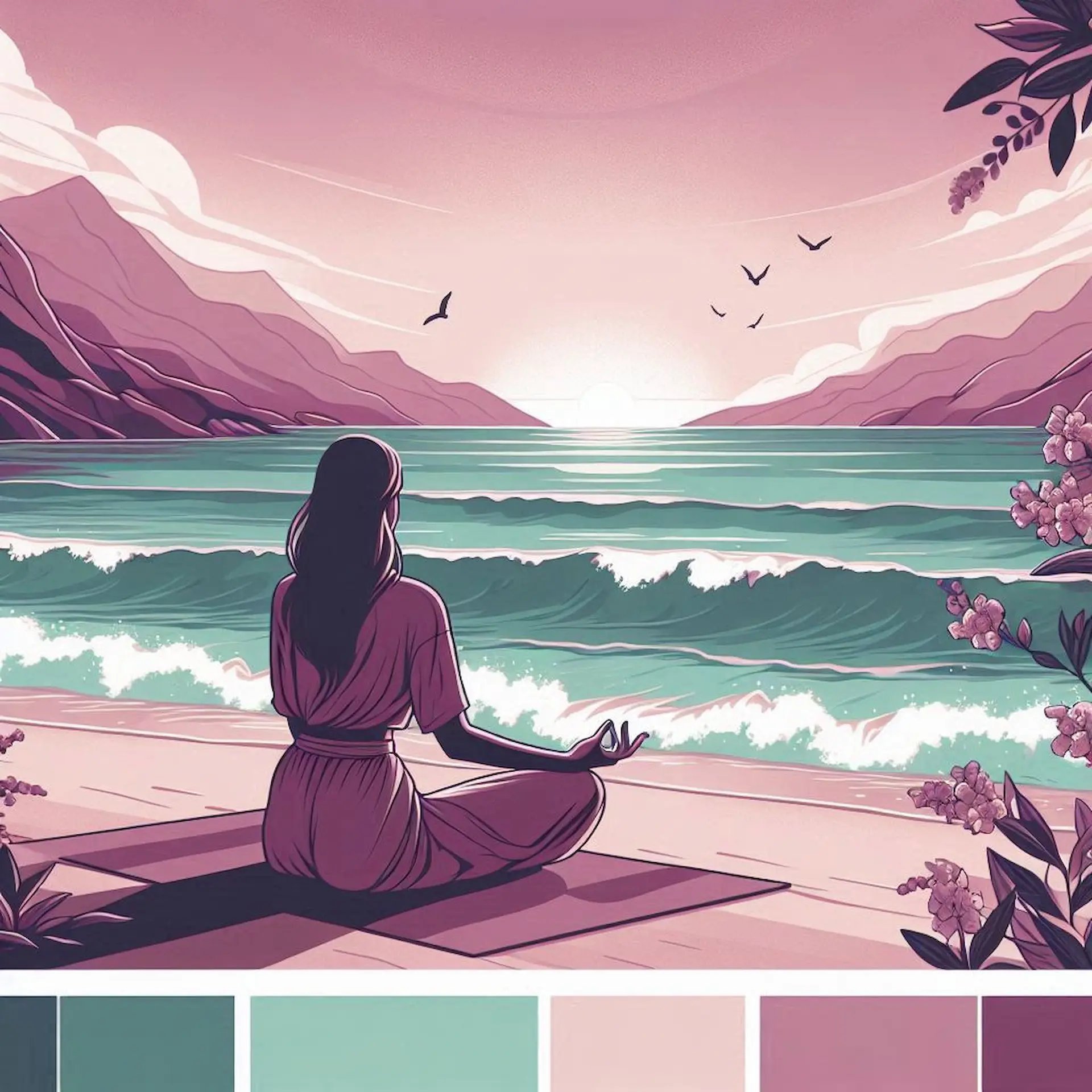 Ilustración de mujer meditando en la costa del mar, olas y pájaros en un atardecer, paz y bienestar