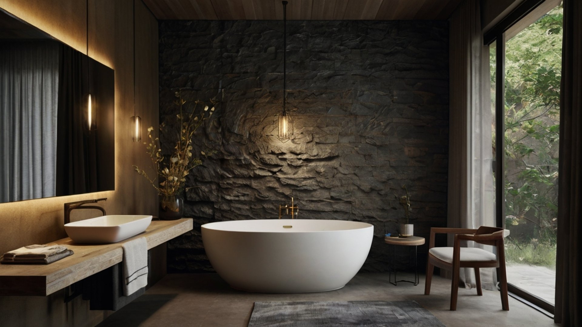luxury stone bathroom design with tub and vanity | functional and modern design | natural stone making a statement