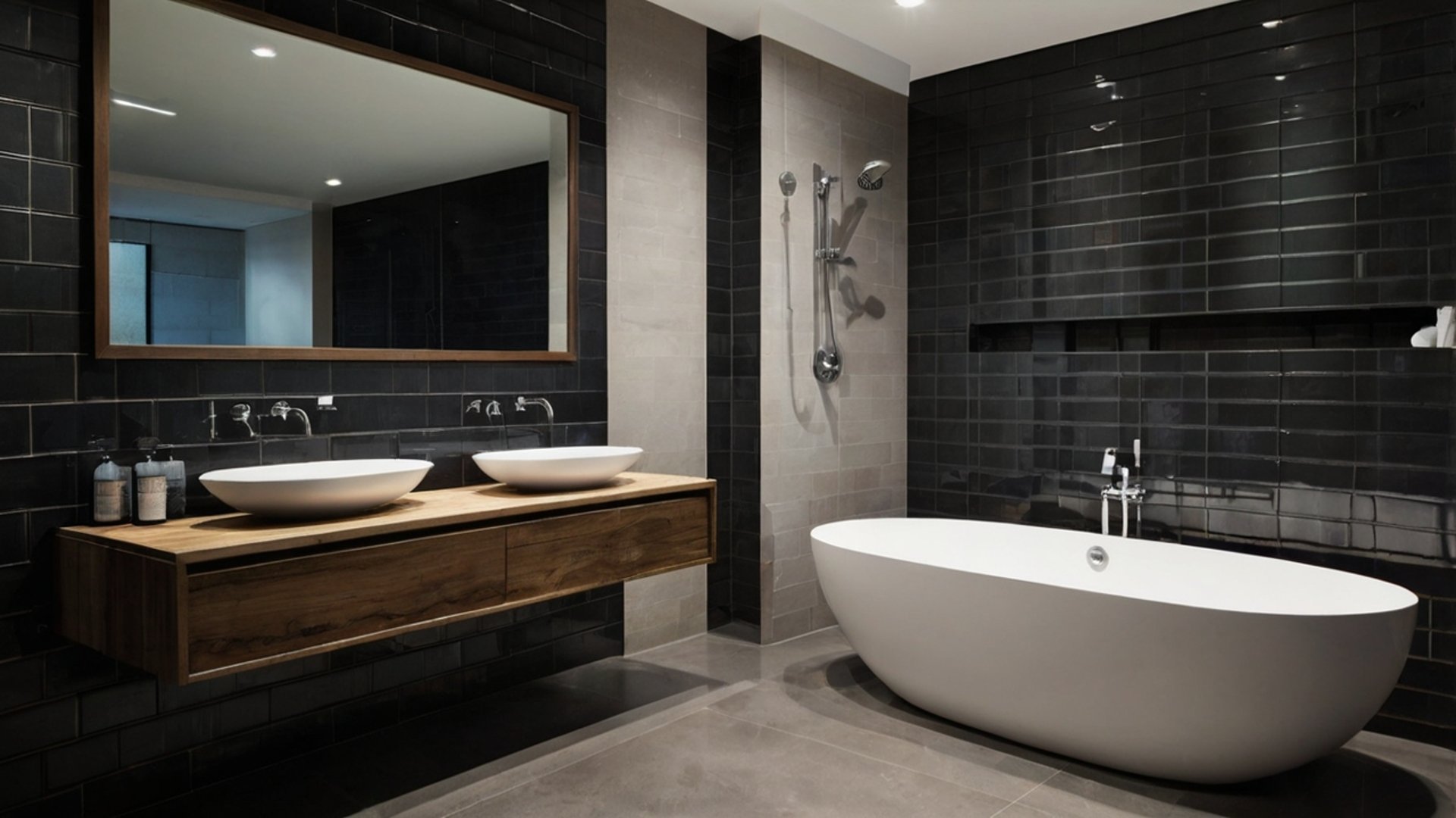 modern bathroom dark subway tiles