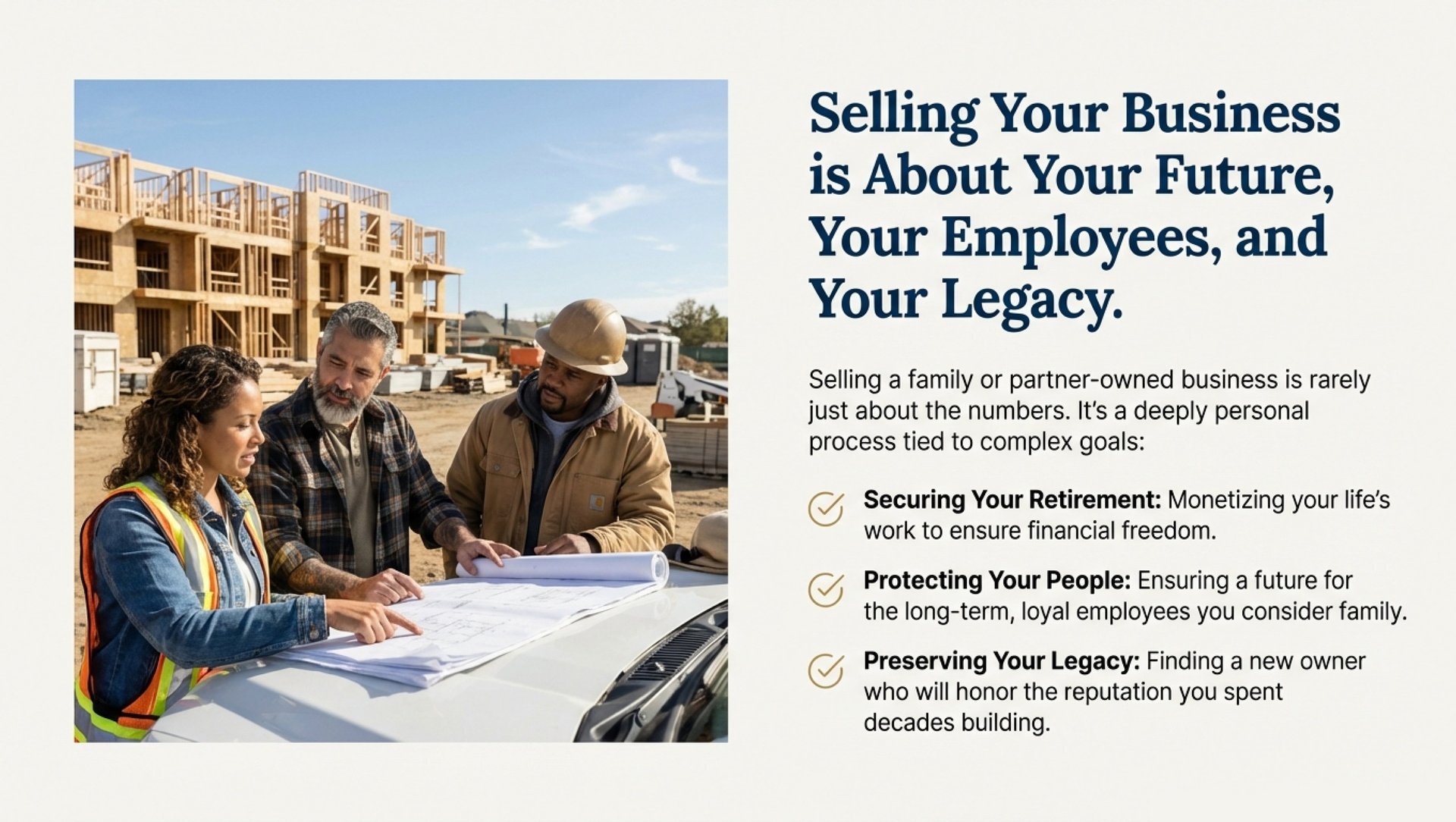 Construction business owners reviewing blueprints at a job site for a business transition guide.