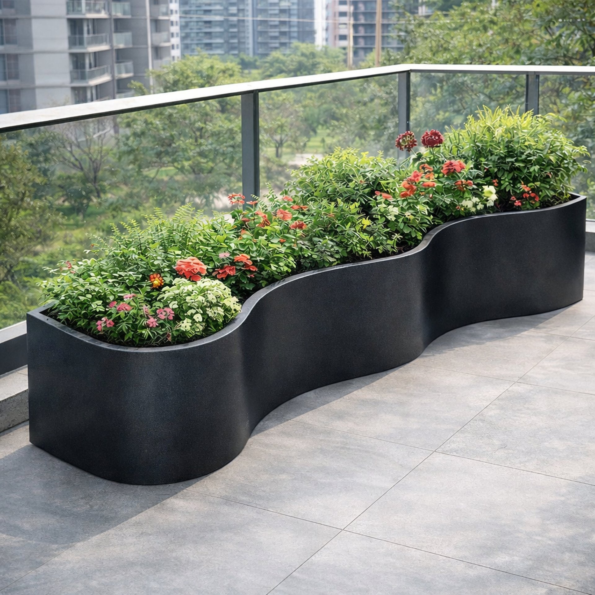Two wicker chairs with orange cushions and small table.