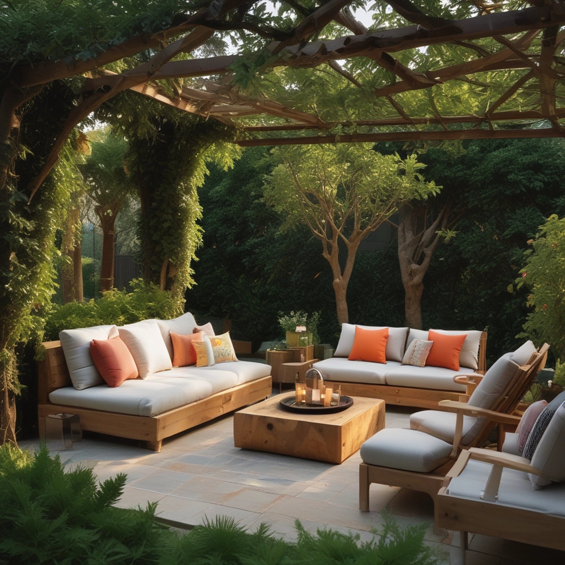 Two wicker chairs with orange cushions and small table.