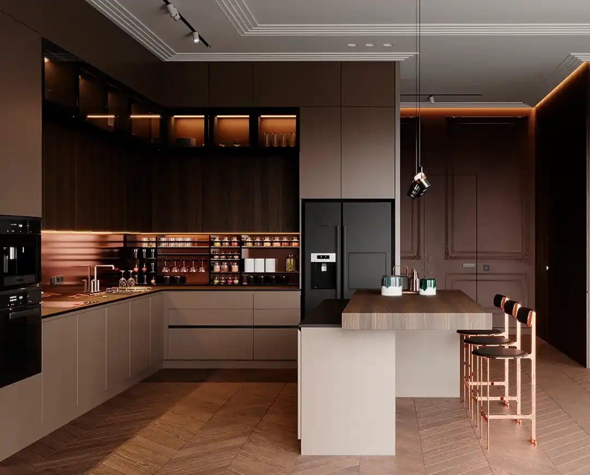 Cozinha planejada moderna em tons escuros com ilha central, iluminação em LED e acabamento de alto padrão da Wood Decor.