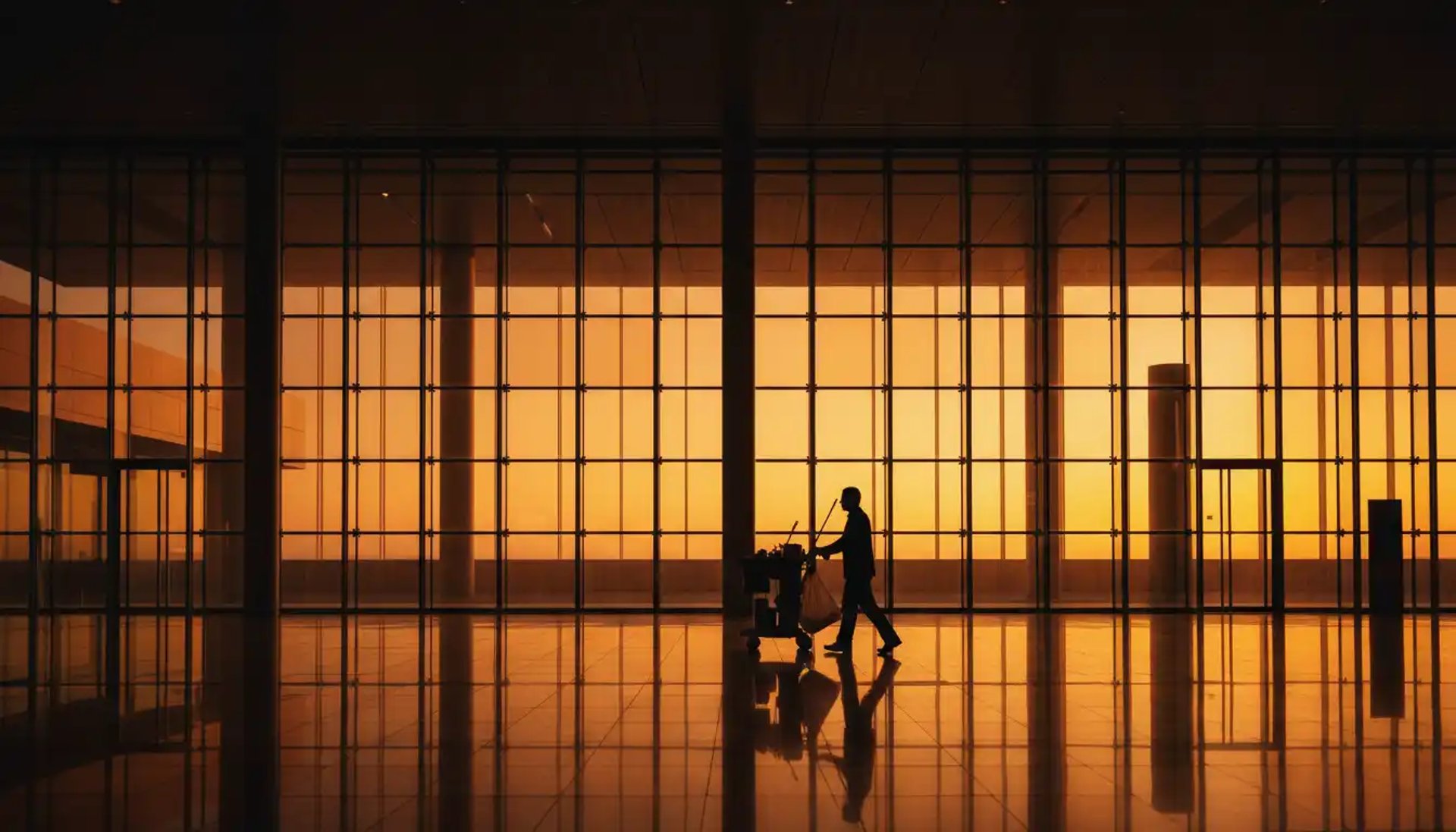 Silhouette of a janitor pushing a cleaning cart across a glass lobby at sunset