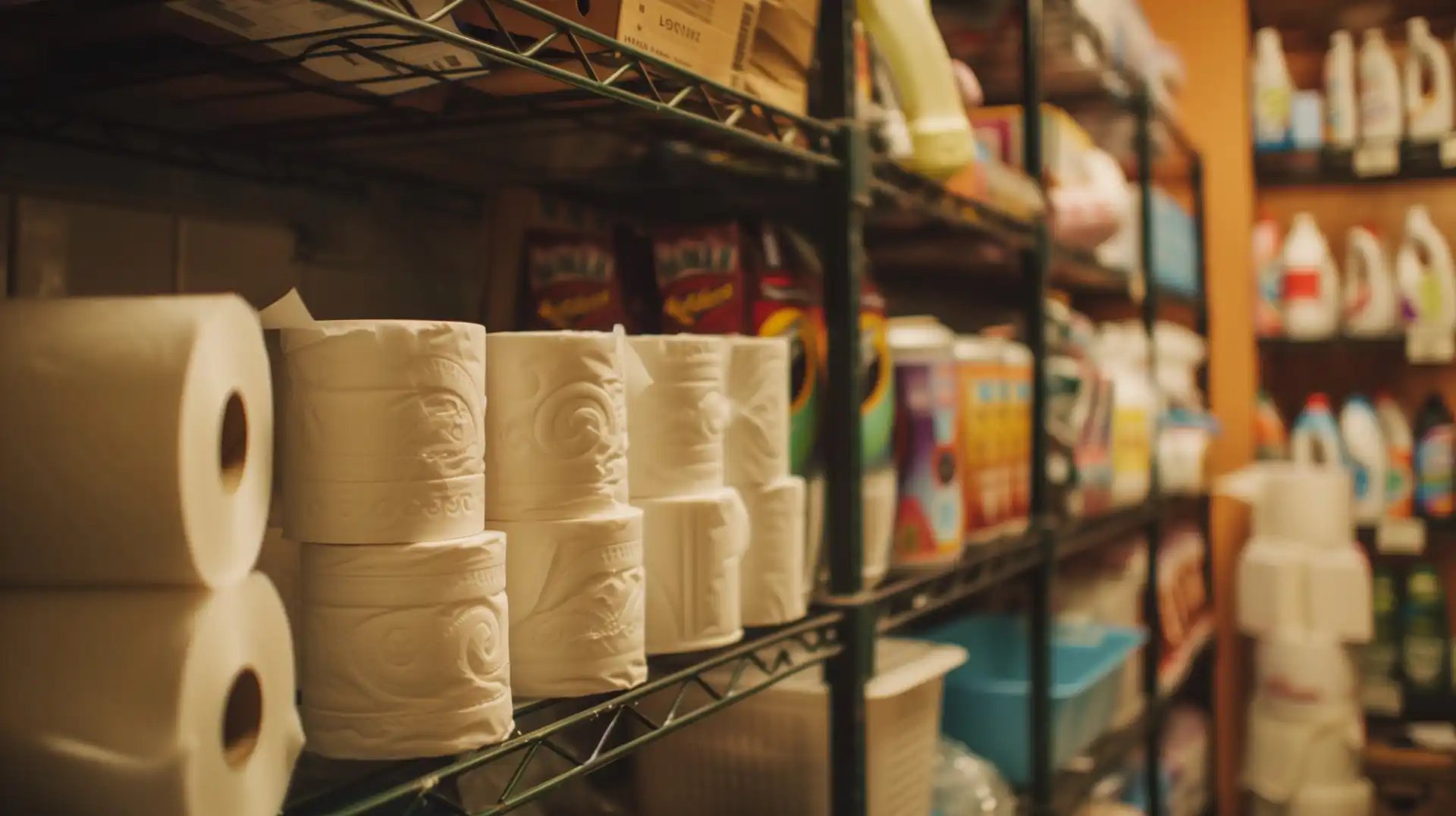Shelves stocked with toilet paper rolls, cleaning products, and other janitorial supplies in a storage room