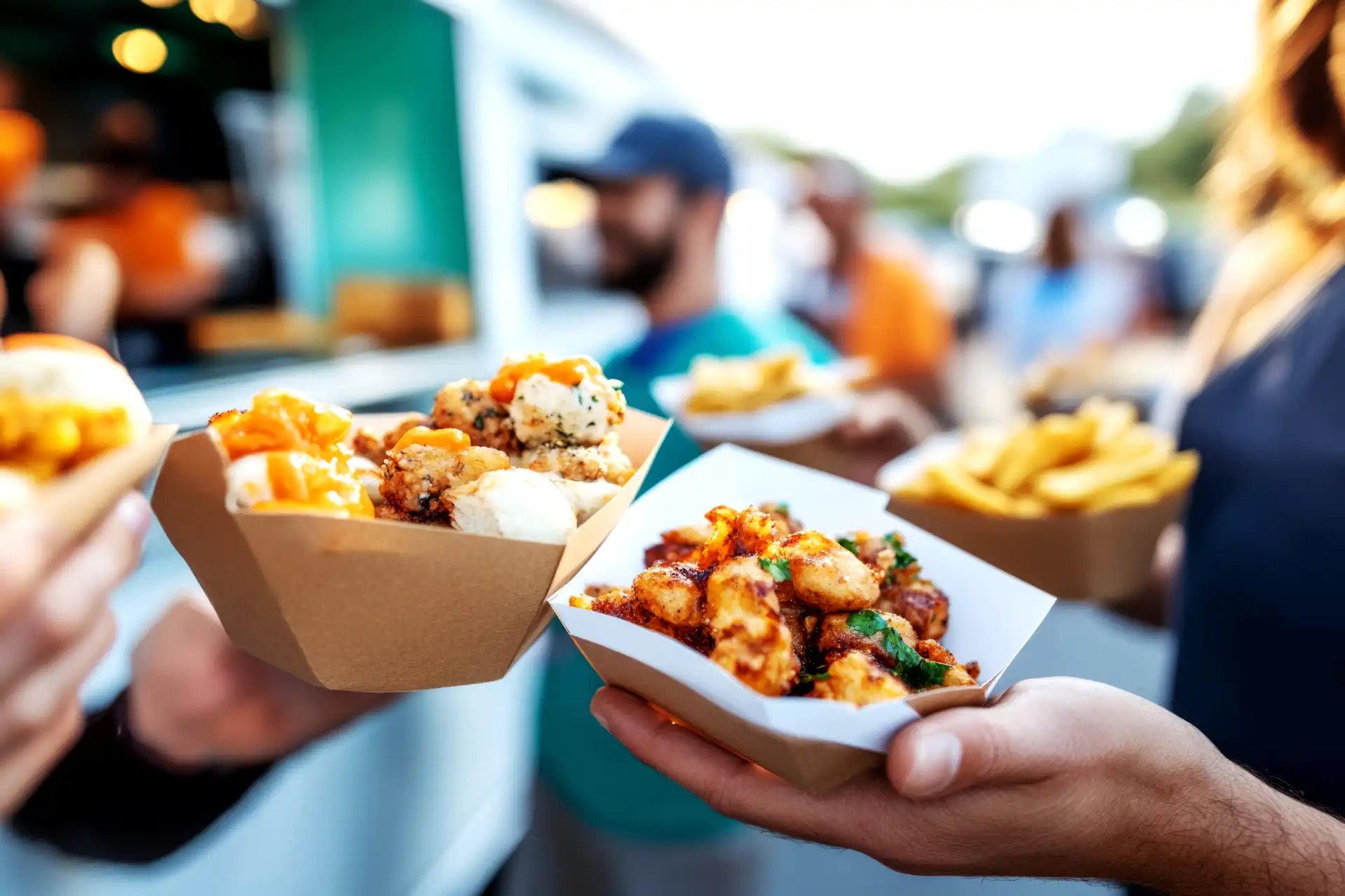 People holding takeout trays of street food and fries near a food truck