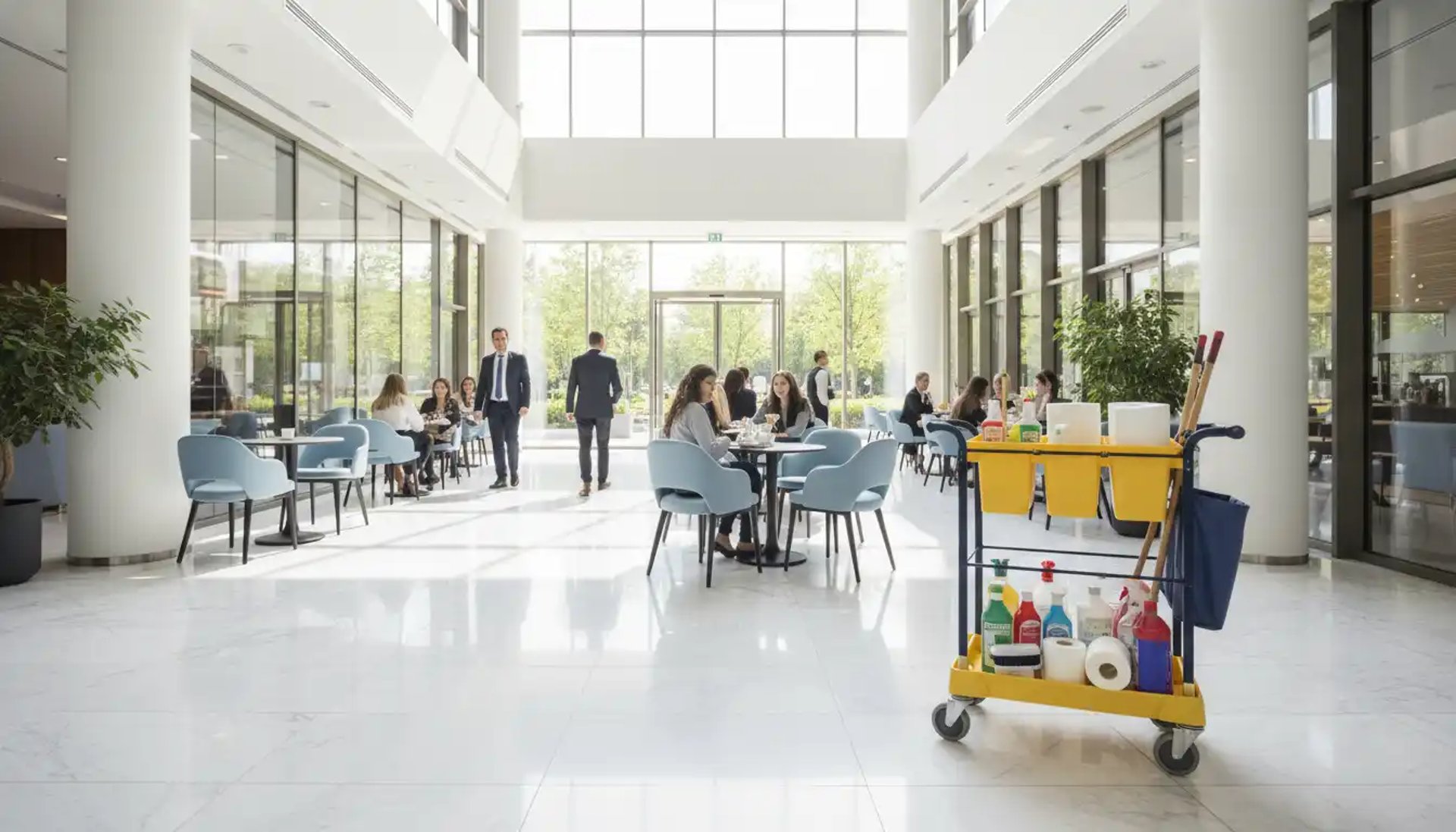 Janitorial cleaning cart in a modern commercial lobby supporting daily facility maintenance