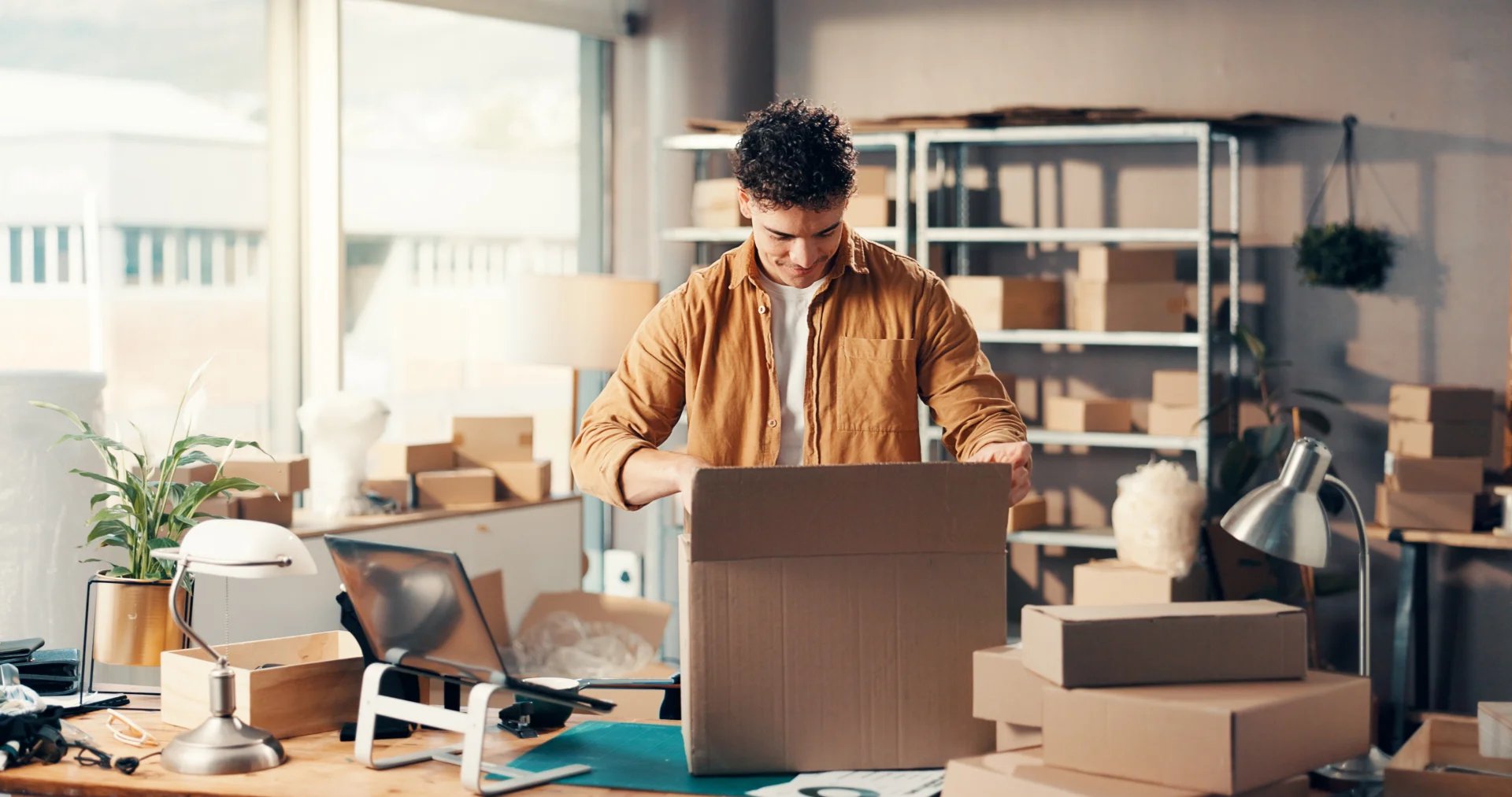 Man packing an order in a small warehouse workspace, surrounded by shipping boxes, a laptop, and shelving