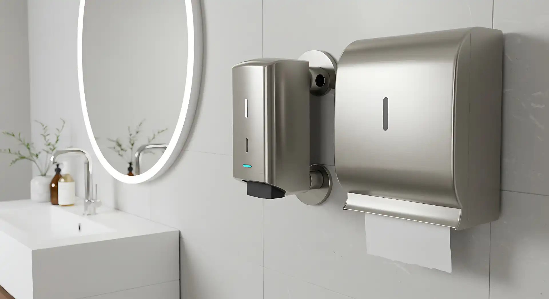 Stainless steel soap dispenser and paper towel dispenser mounted on a restroom wall beside a sink and round mirror