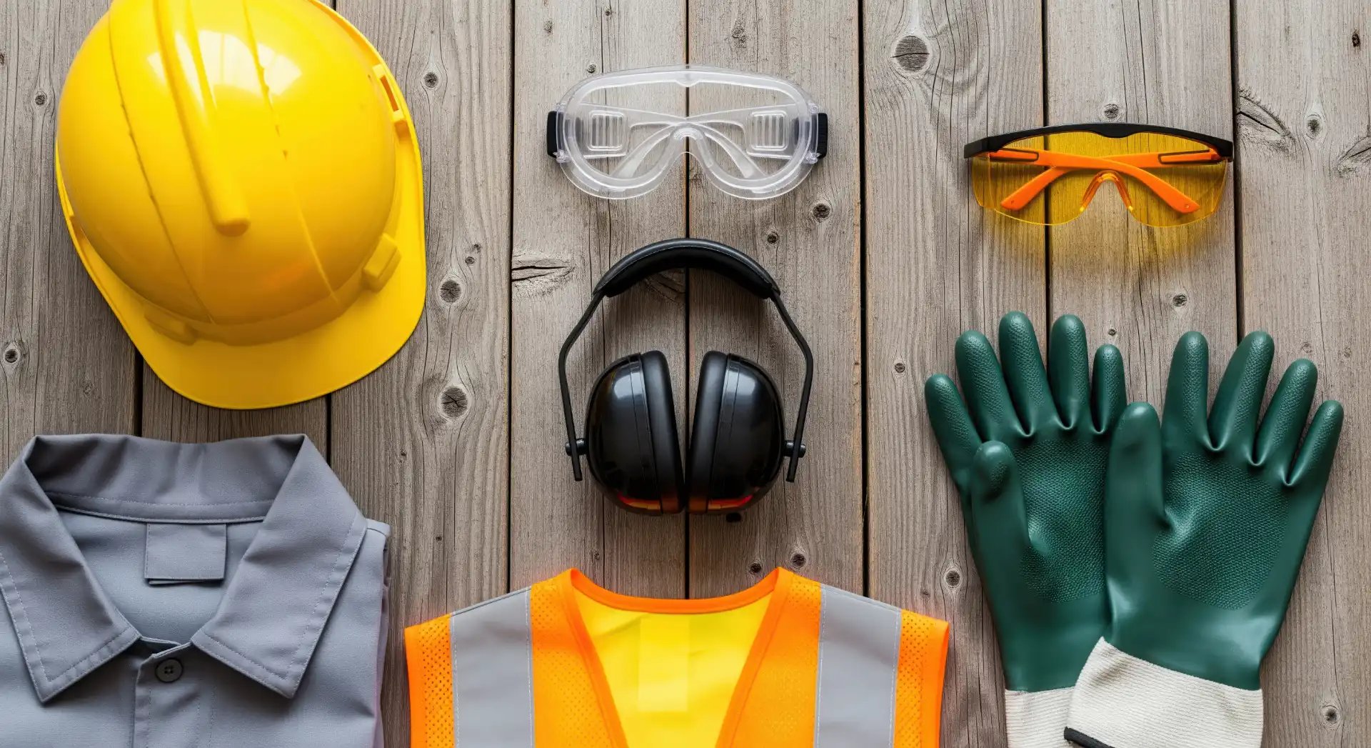 Hard hat, safety glasses, earmuffs, gloves, and high-visibility vest laid out on a wooden surface