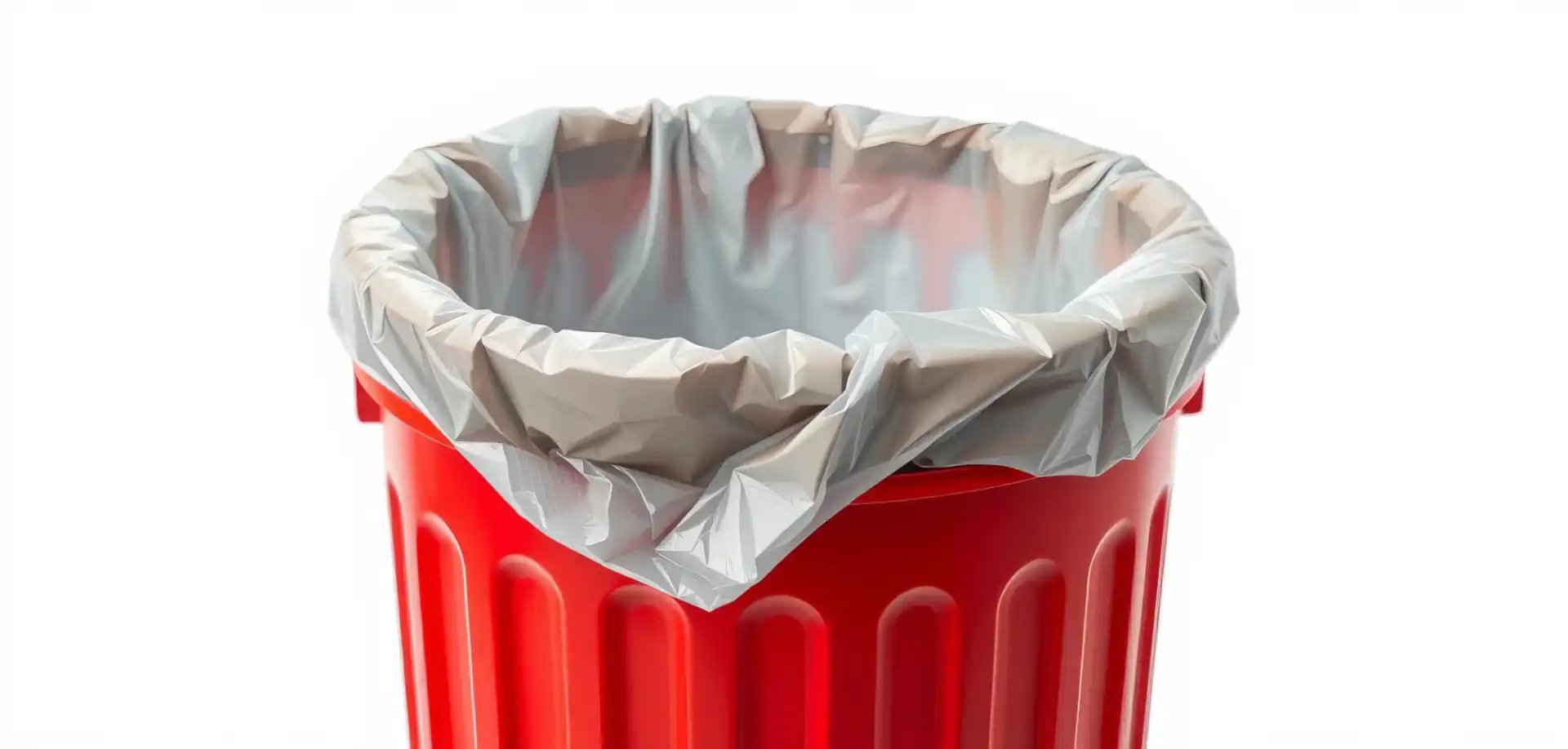 Red plastic trash can with a gray liner folded over the rim on a white background