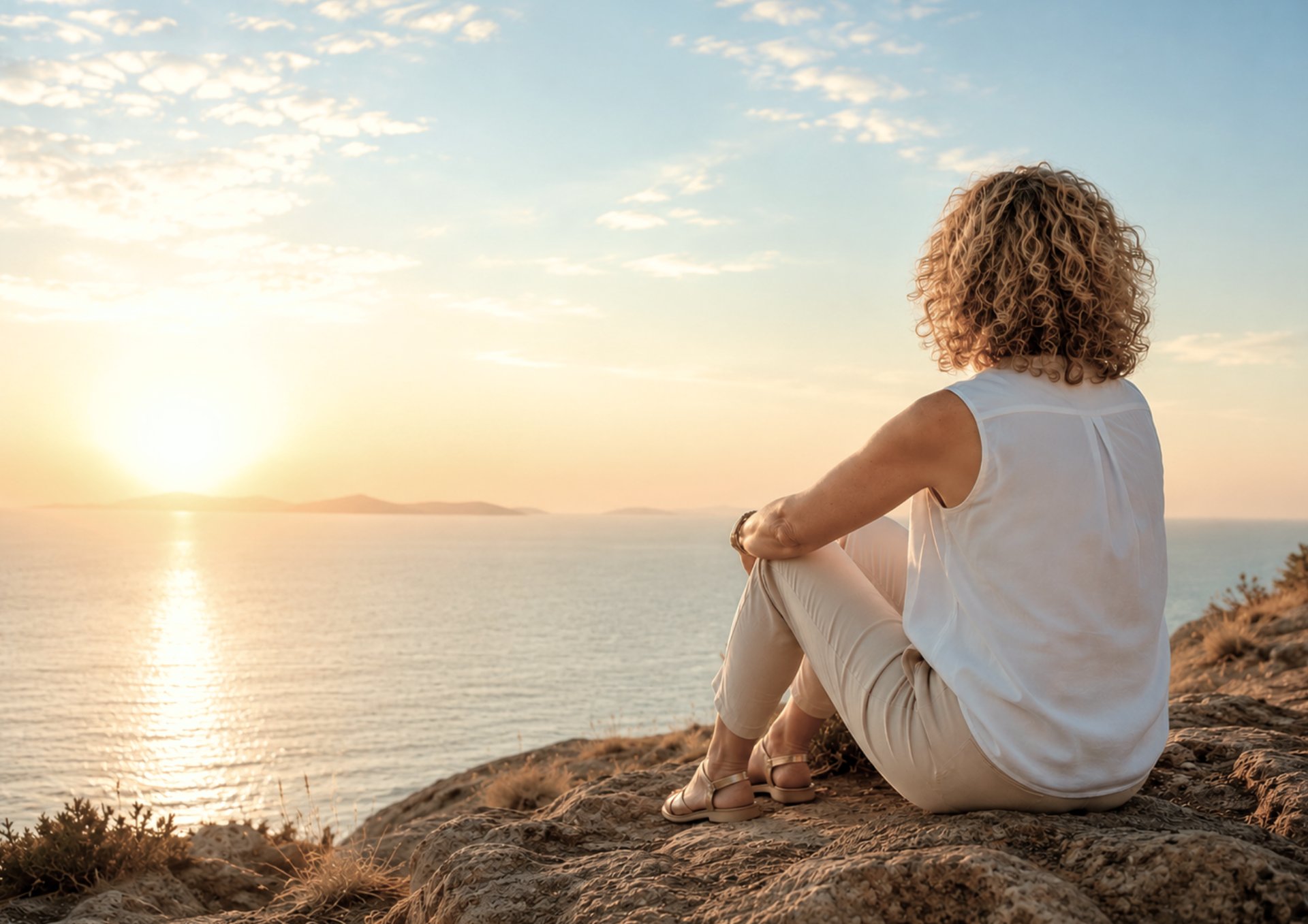 person sitting on top of gray rock overlooking mountain during daytime