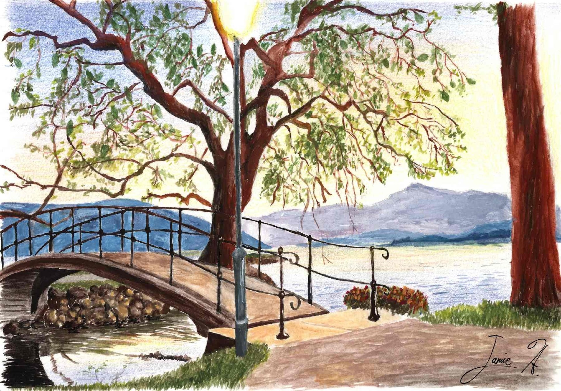 a painting of a bridge over a river