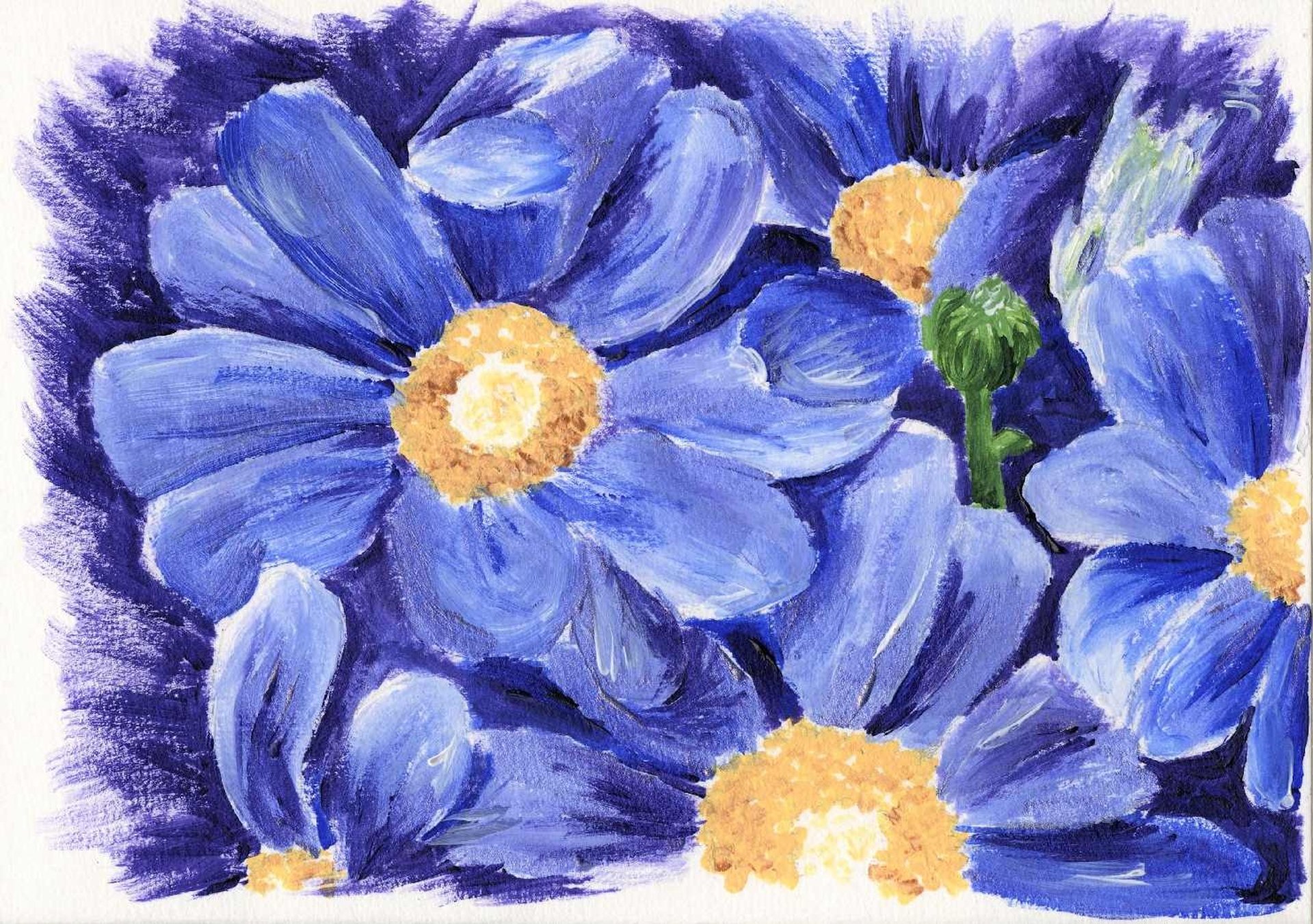 a painting of blue flowers on a dark violet background