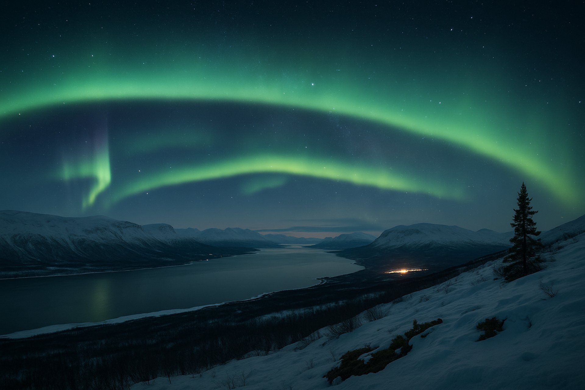 Zorza polarna nad doliną Abisko w Laponii, Szwecja,