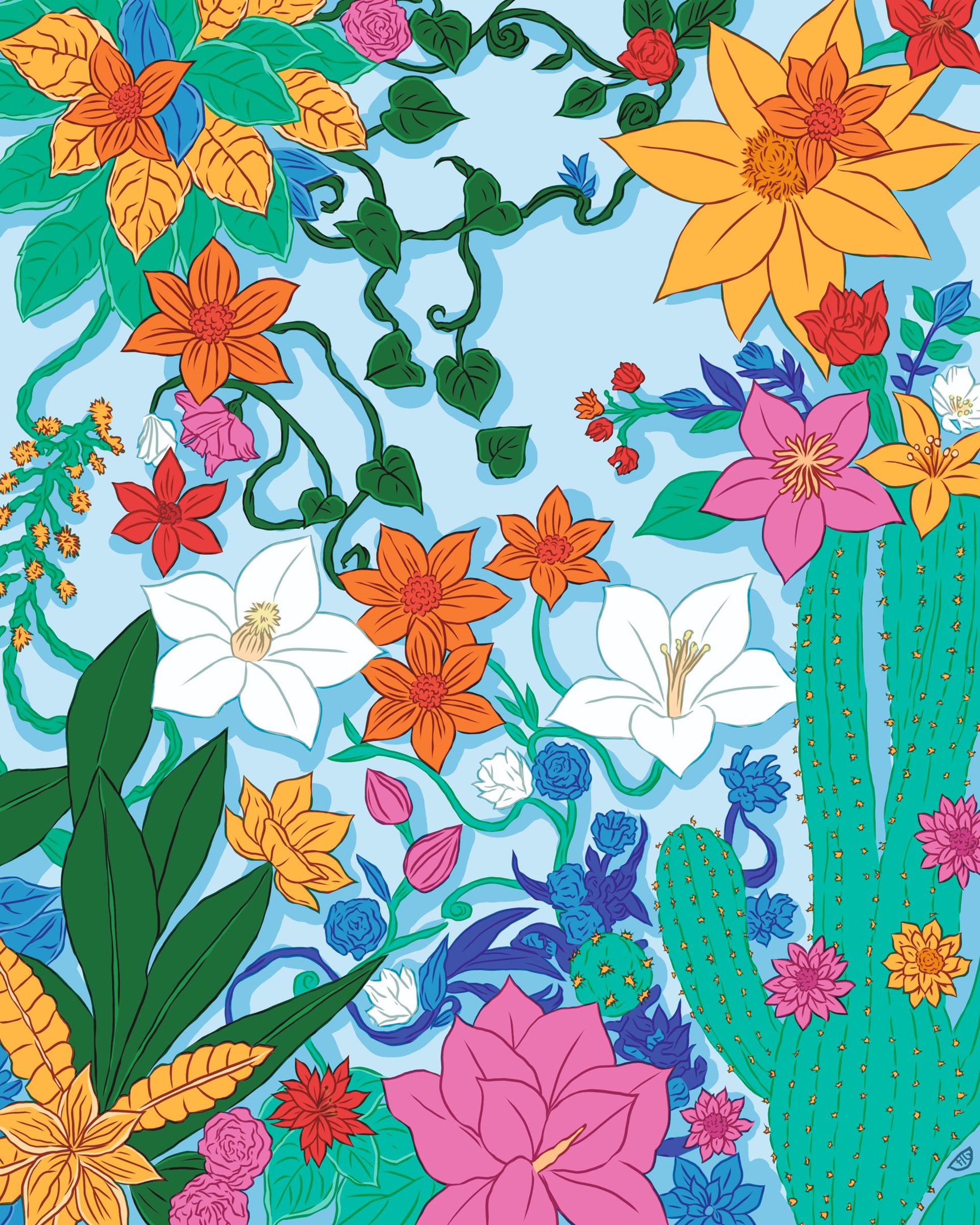 Ilustración con lápices de colores, pastel y posca dorado. Representa una pared de un museo.