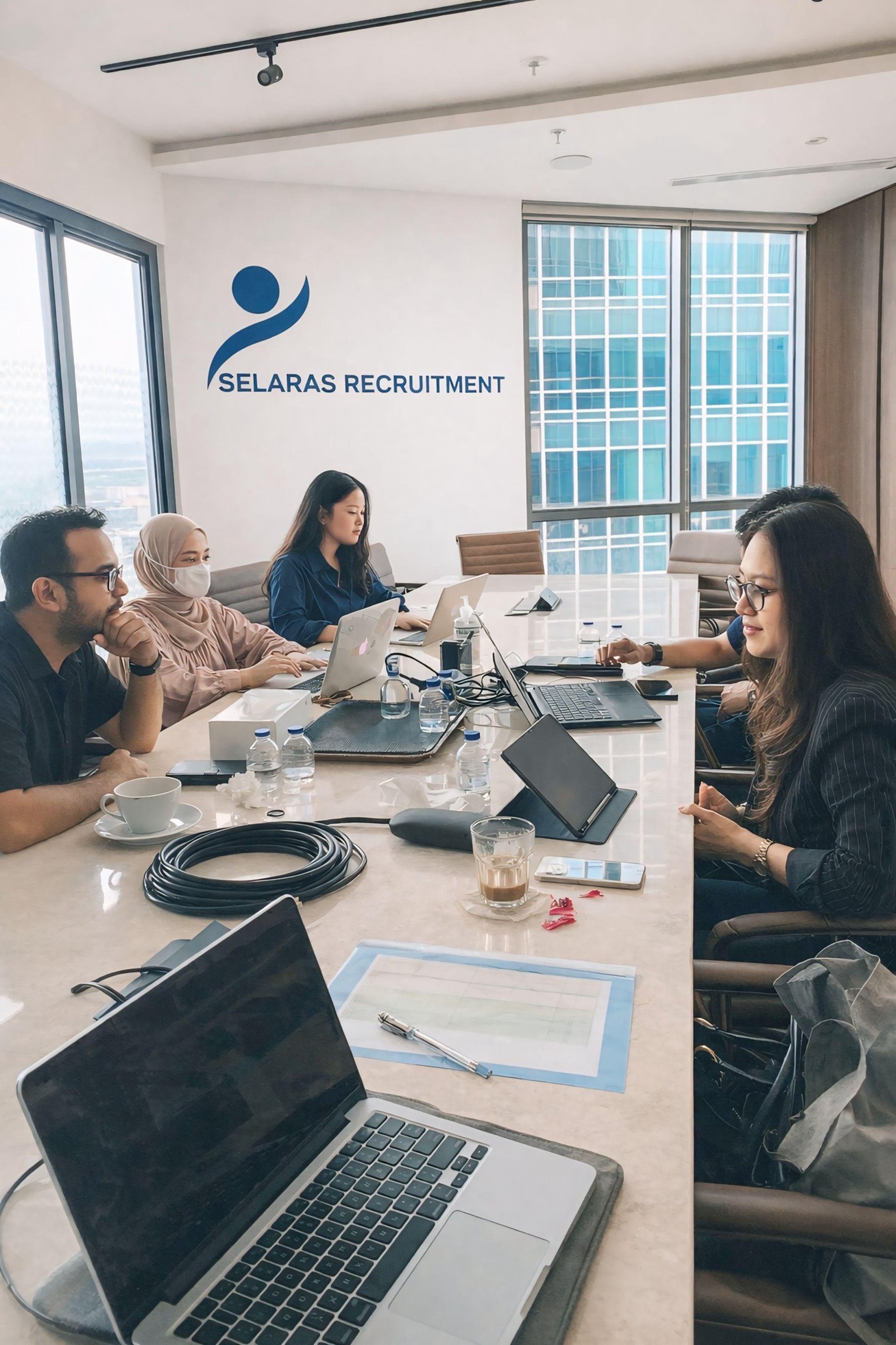 people on conference table looking at talking woman