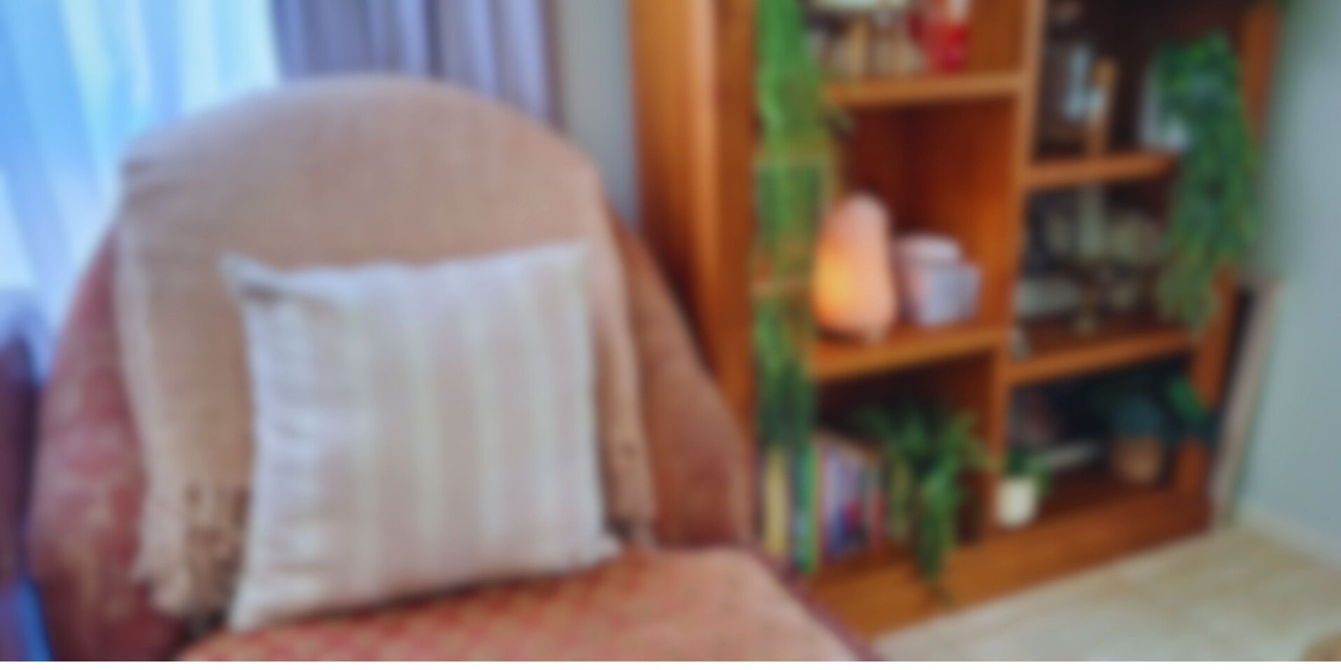 A chaise lounge and bookshelf