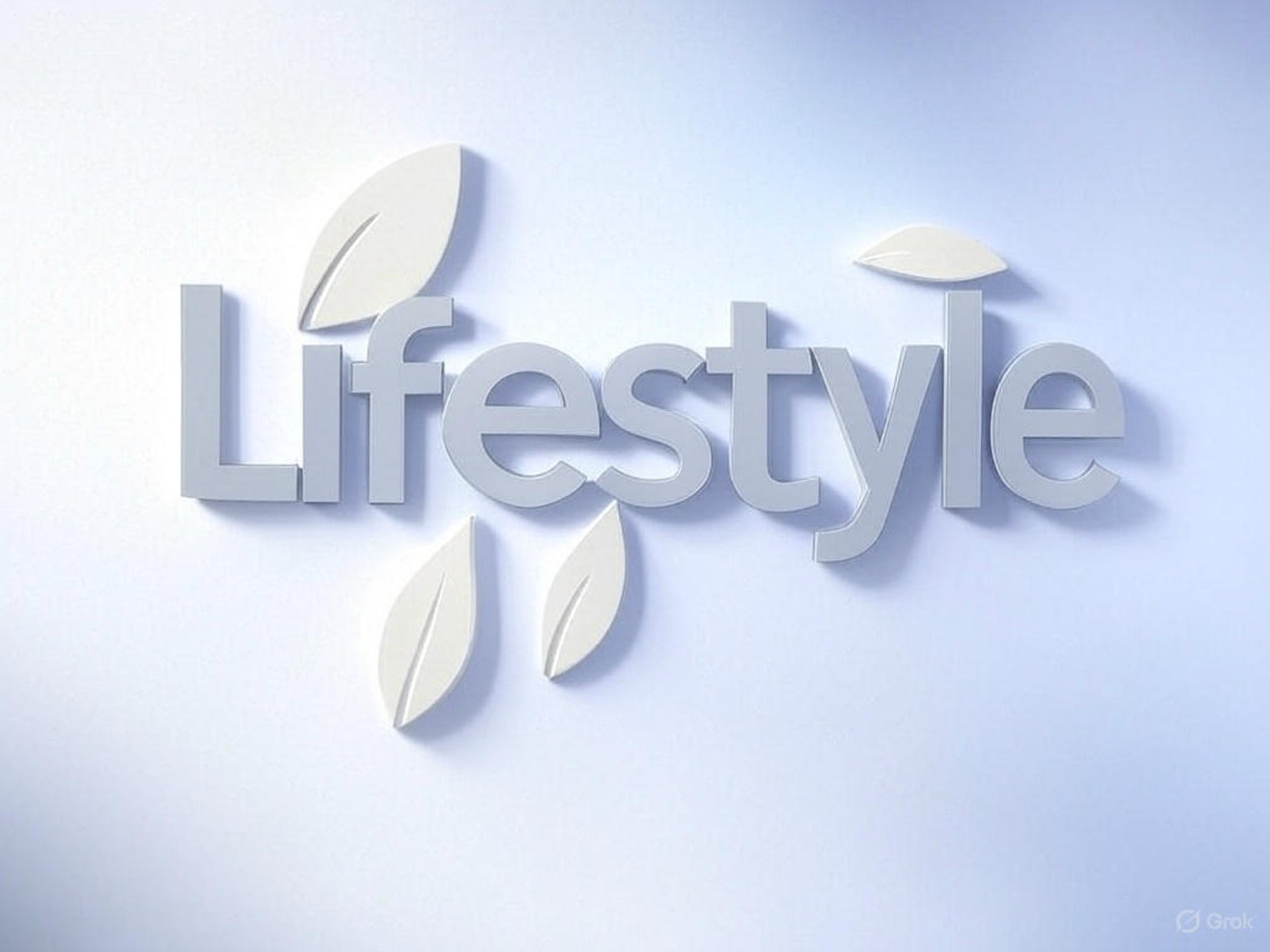 Alternative "Lifestyle" blog logo with 3D gray letters on a light background, adorned with white leaves symbolizing simplic