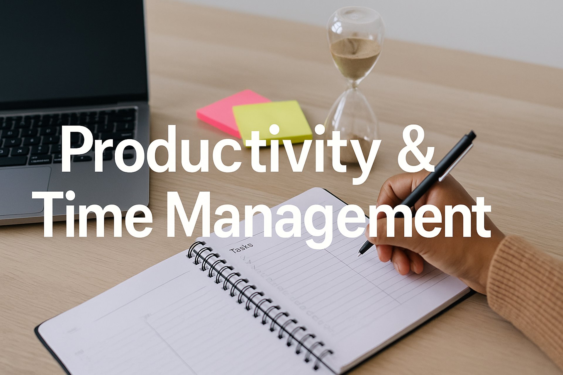 "Visual for Productivity & Time Management category showing a clock and a modern organized desk"