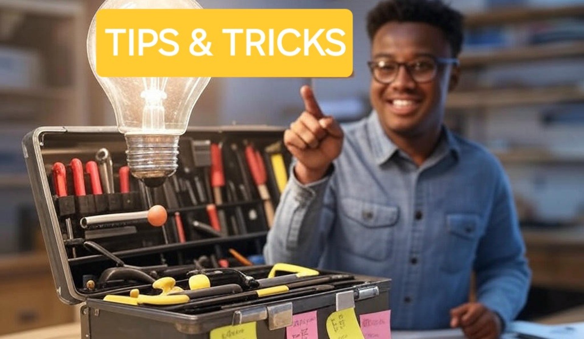 Visual representing Tips & Tricks category with a glowing light bulb and creative tips icons