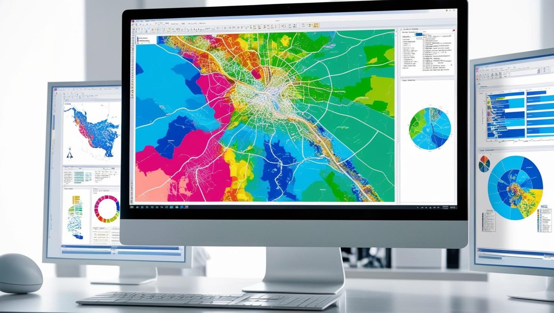 A map on a center monitor with two panels beside it, showing data.