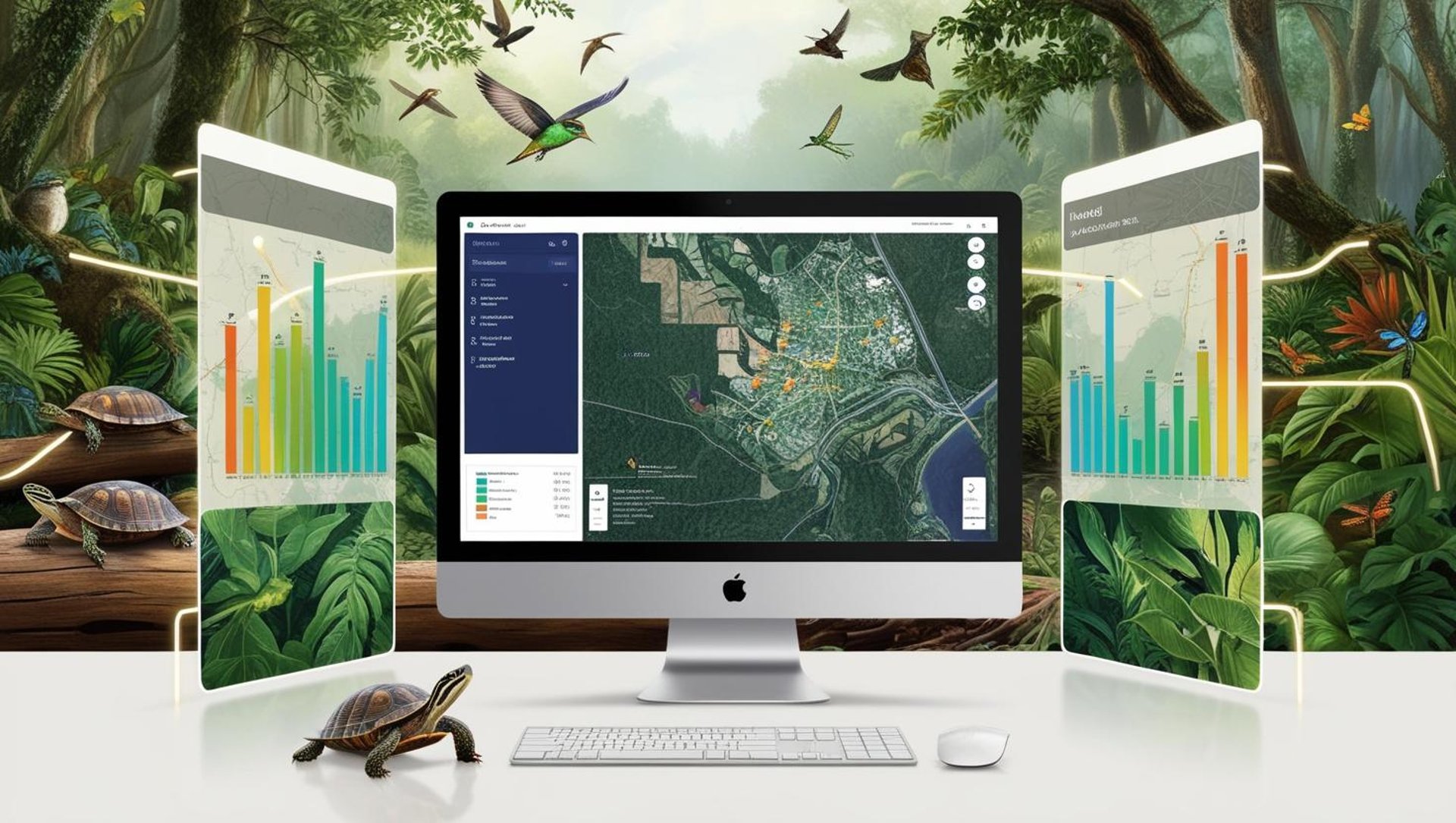 A map and data panels with birds and turtles in the background, representing GIS maps of animal populations.