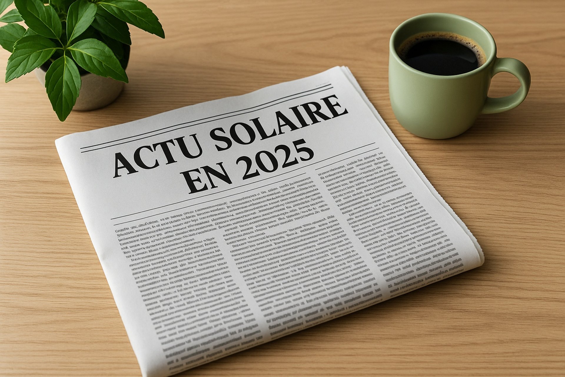 Bannière illustrant l’actualité solaire en 2025 : journal ouvert “ACTU SOLAIRE EN 2025” sur une table bois clair, tasse de ca
