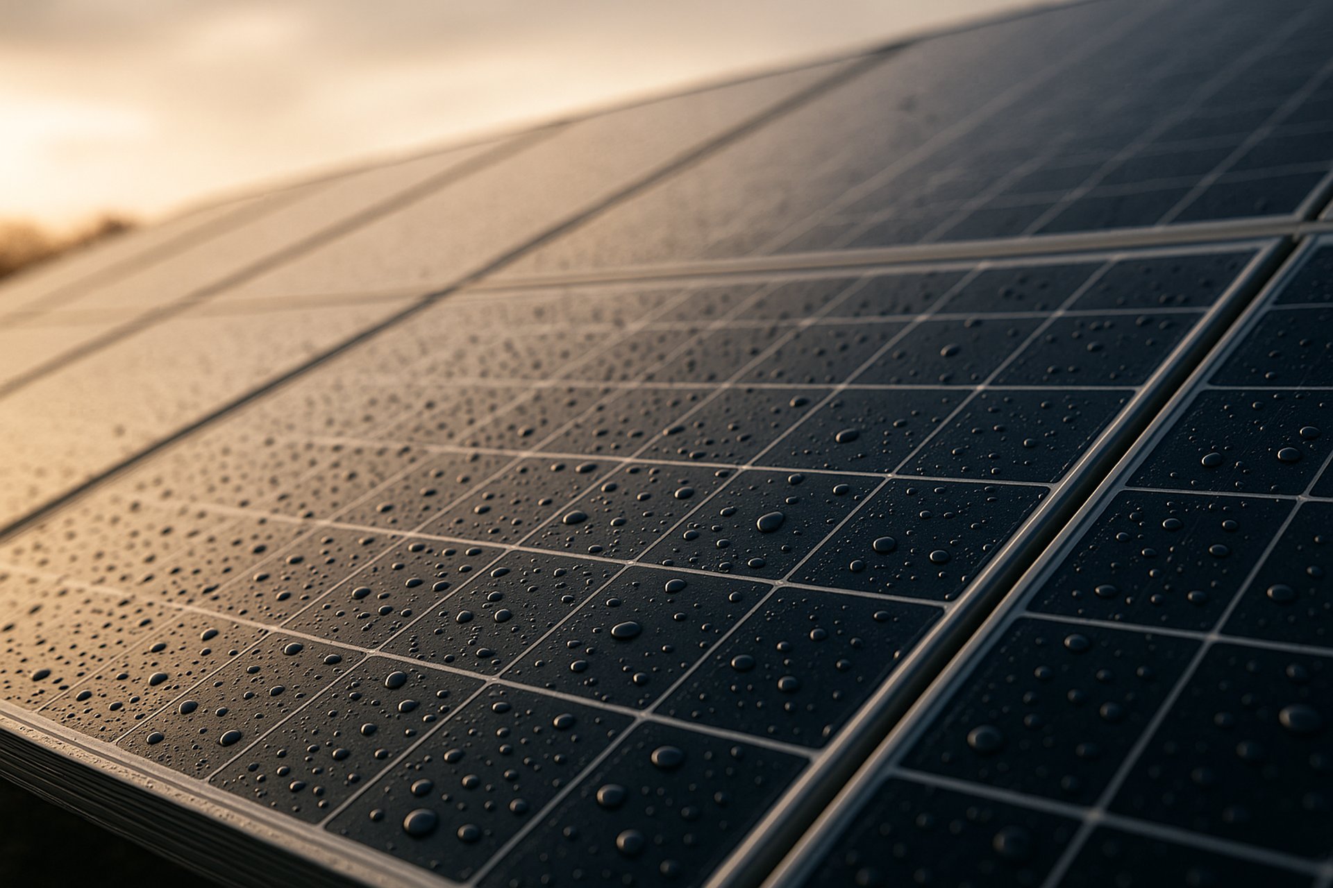 Panneaux solaires propres avec reflets d’eau sous une lumière automnale en région PACA.