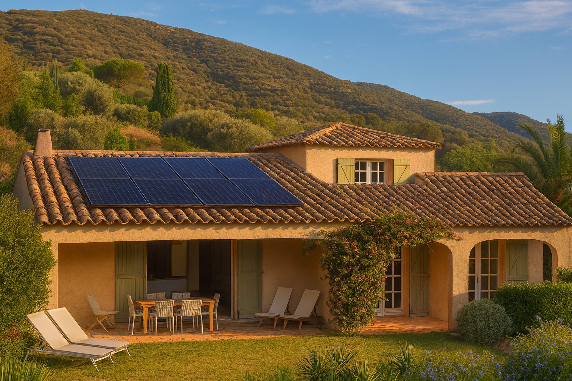 Maison provençale avec 6 panneaux solaires full black sur le toit au soleil de l’après-midi.