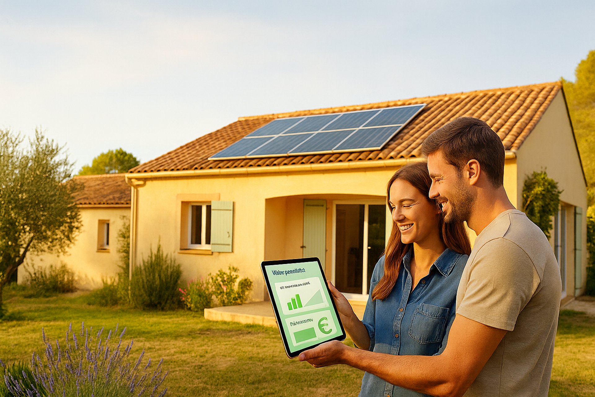 Maison méditerranéenne avec panneaux solaires, couple consultant leur production et leurs économies 