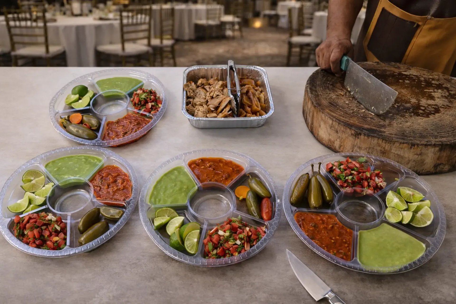 Estacion de carnitas para eventos con tabla de corte y variedad de salsas y guarniciones