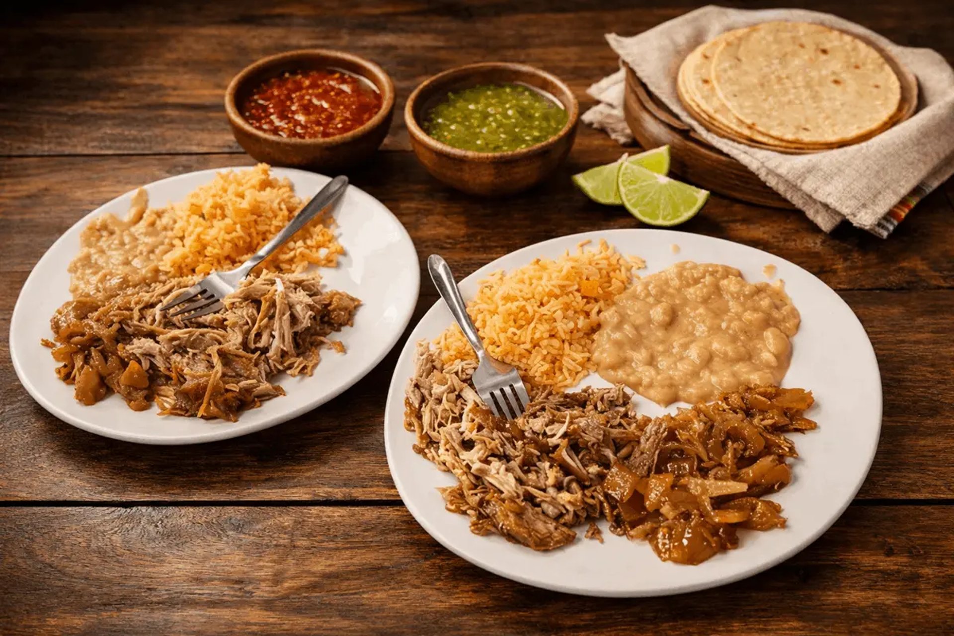 Plato servido con carnitas, arroz, frijoles y complementos tradicionales para eventos