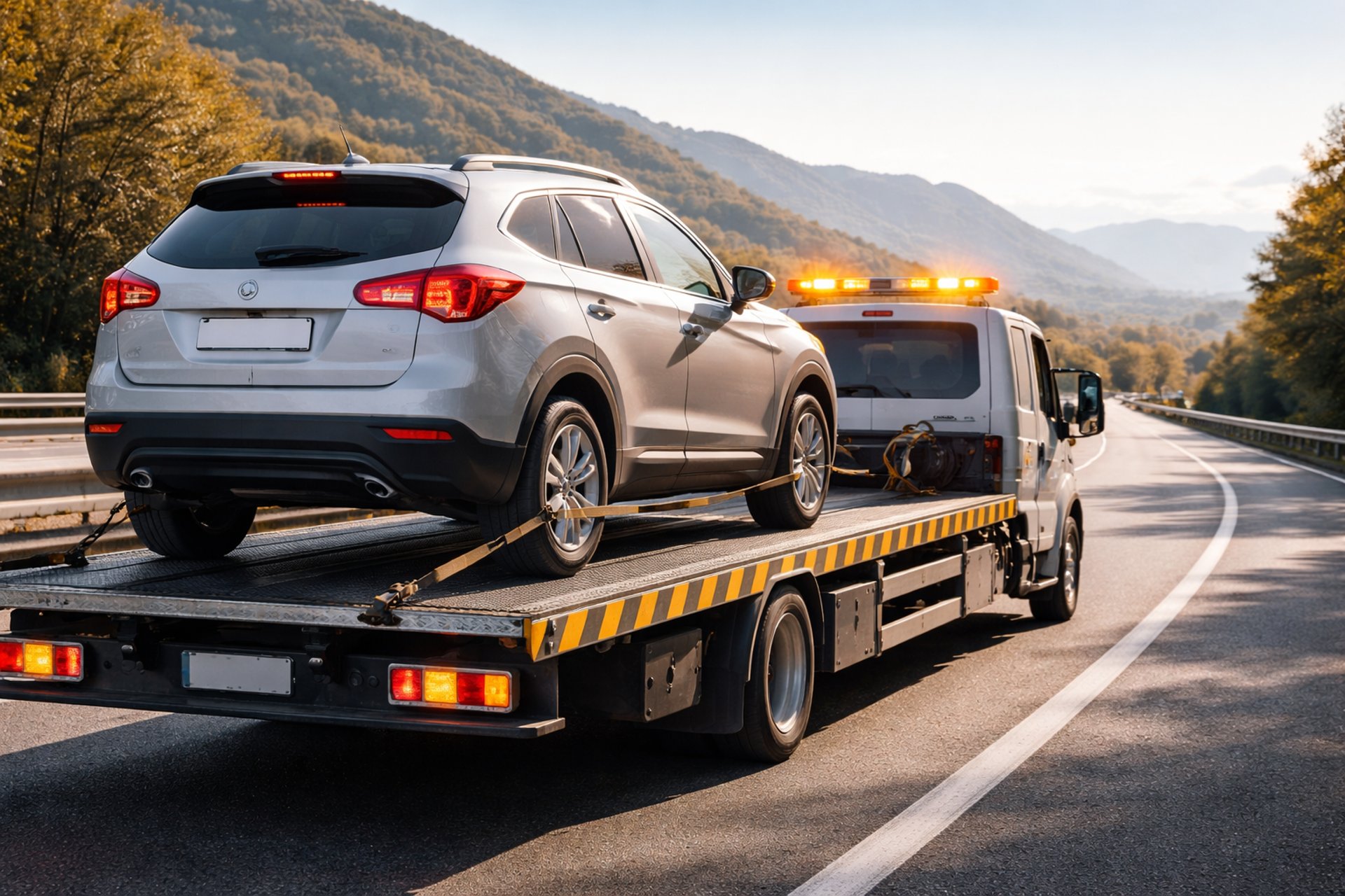 A tow truck towing a car on the road