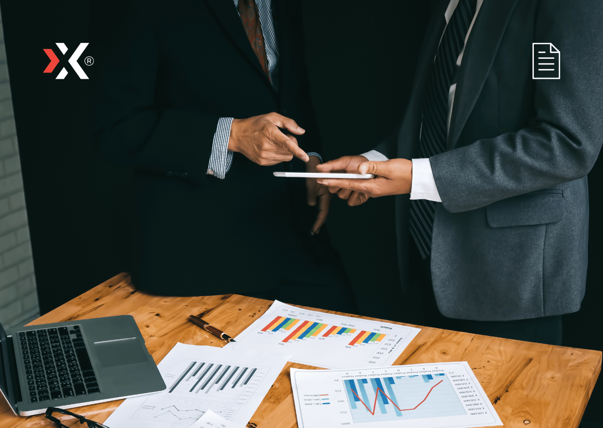 two board members discussing evaluation results