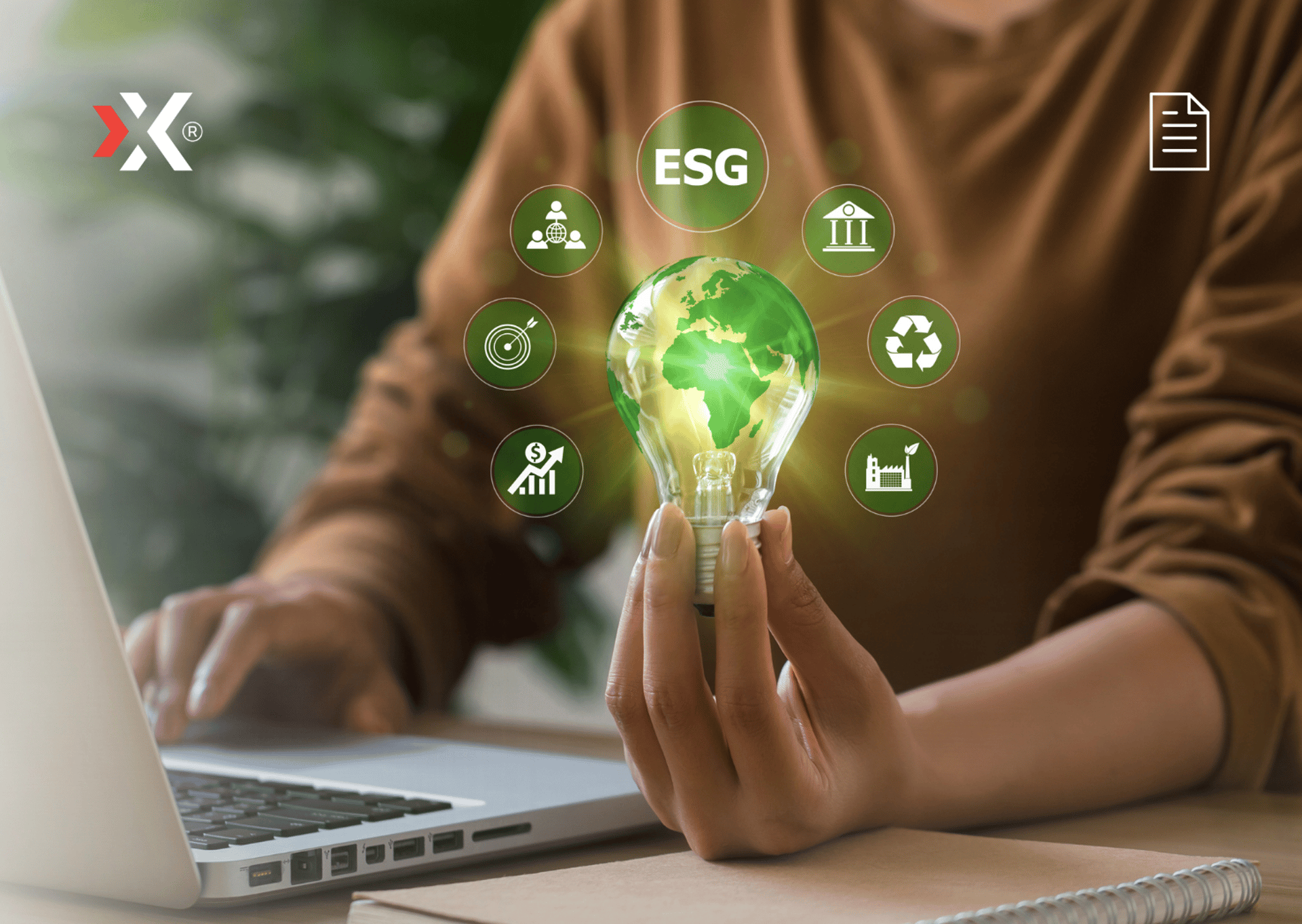 blog cover depicting ESG. A person holding a lightbulb in front of her laptop with different ESG-related icons floating