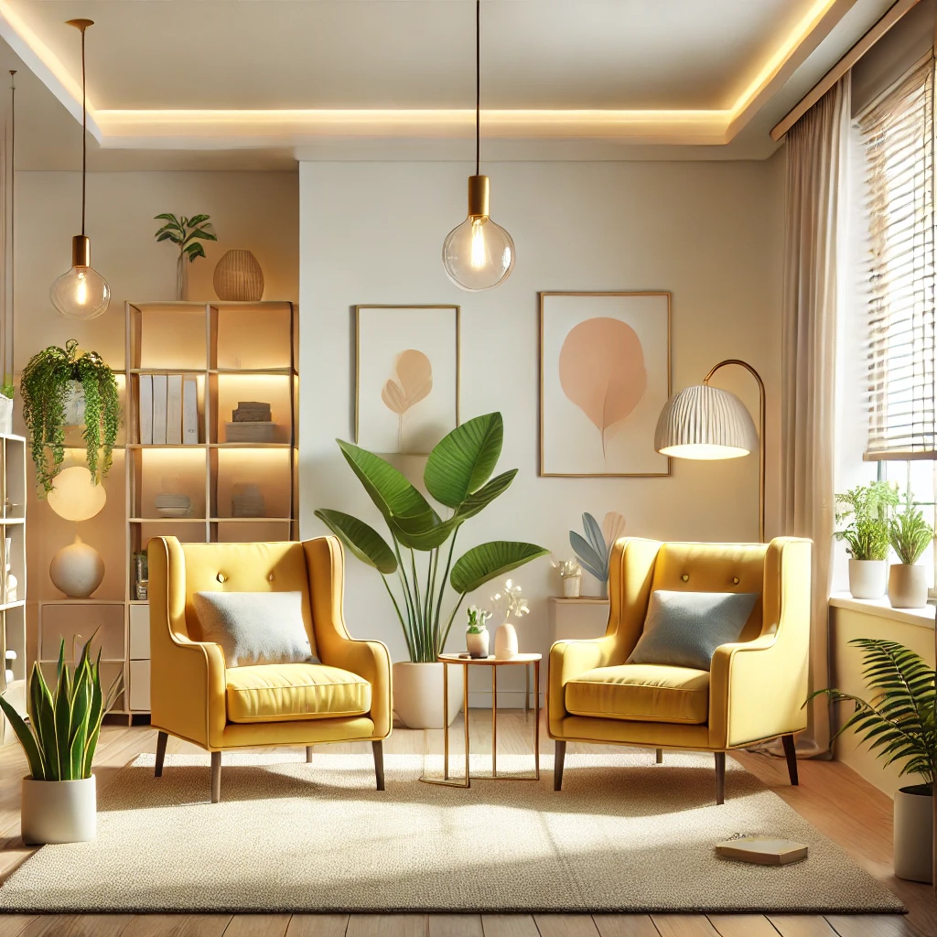 a blue chair and a yellow lamp in a white room