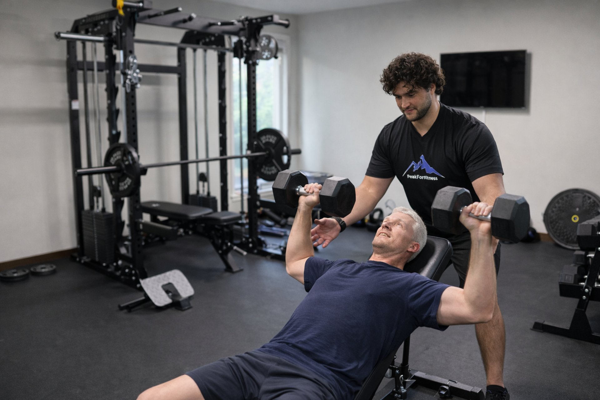 A barbell rests on the ground, ready for use.