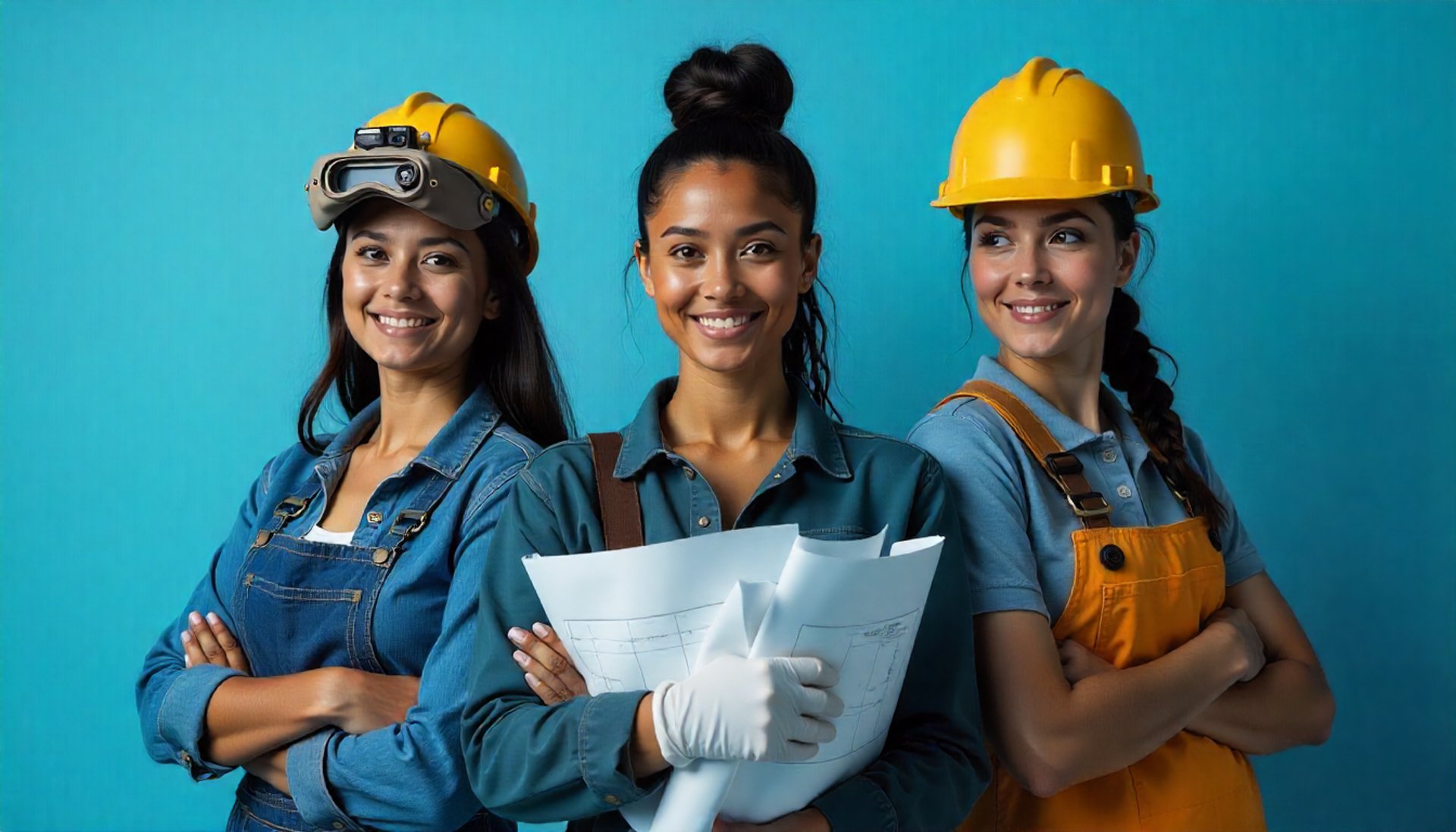 3 women each in a different skilled trade program: welding, construction, and engineering