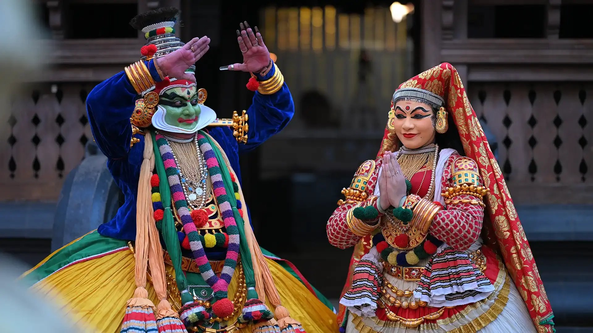 Traditional Kathakali performance in Kerala with elaborate makeup and costume.
