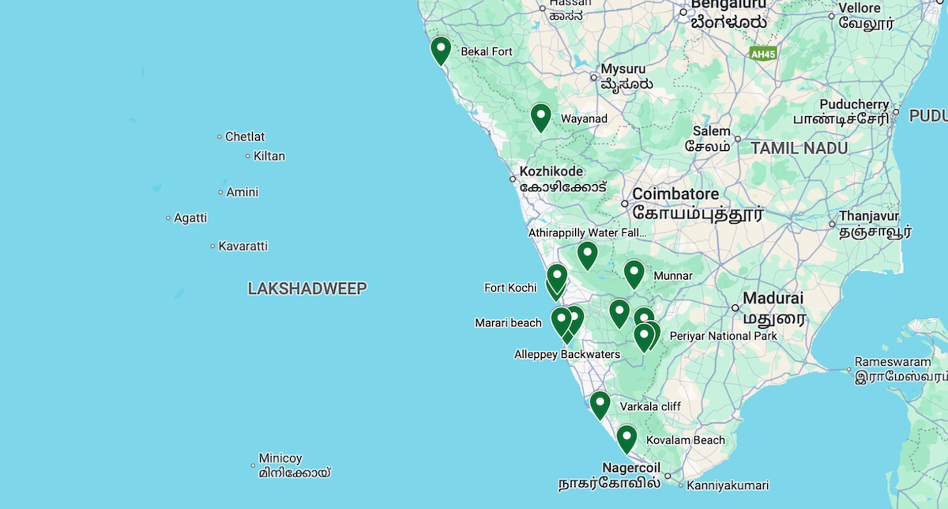 Kerala tourism destination map.