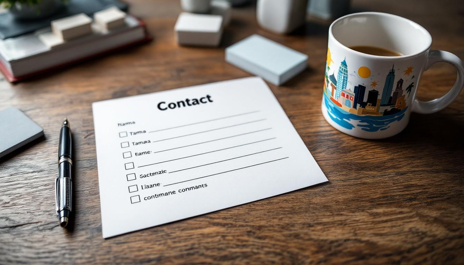 Contact form sheet with pen, legal documents, and Tampa city guide, modern office, no people