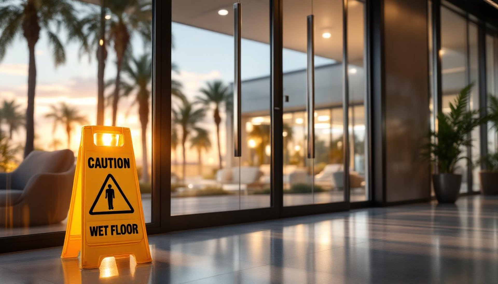 Interior moderno de oficina comercial en Tampa con señal de piso mojado cerca de la entrada.
