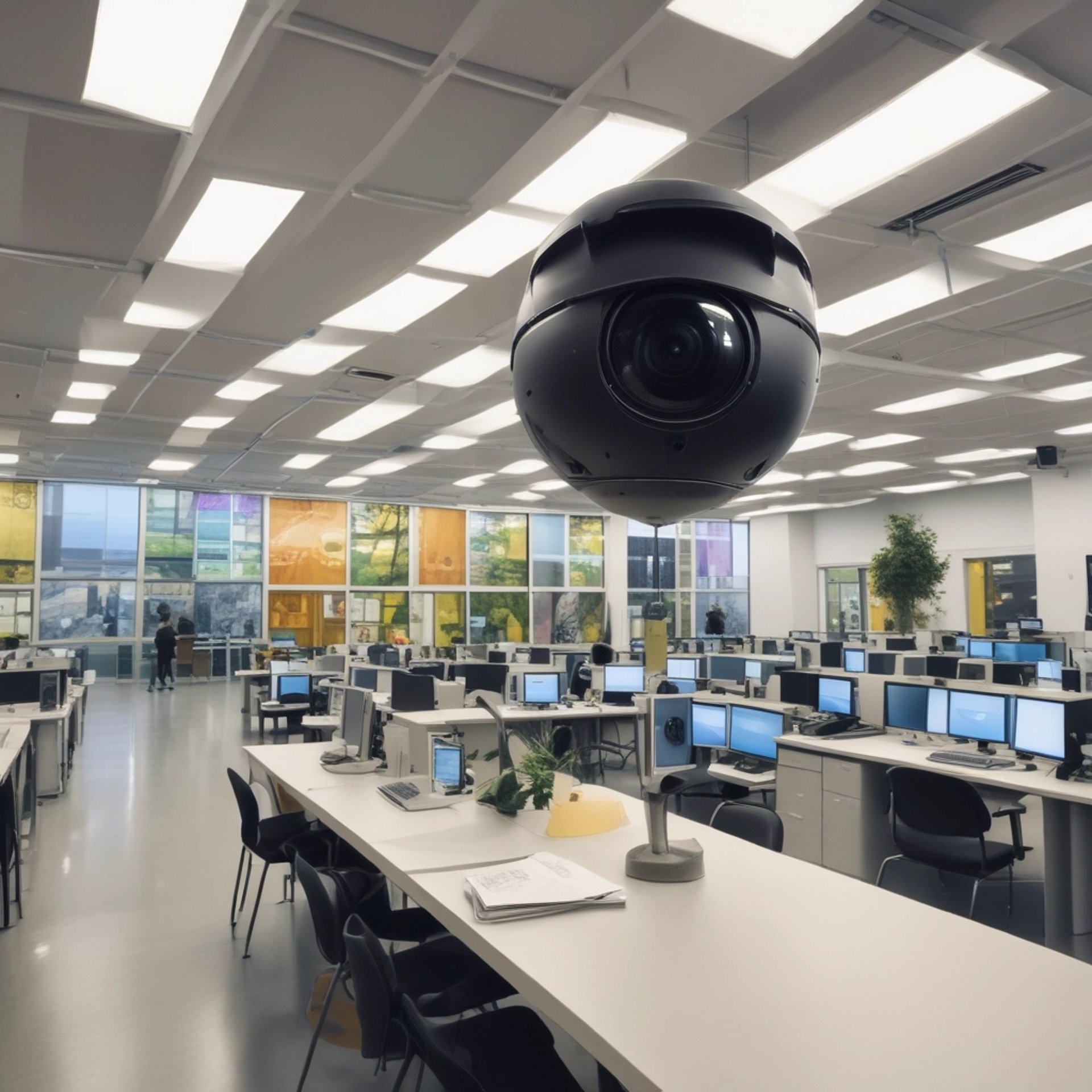 white surveillance camera hanging on wall