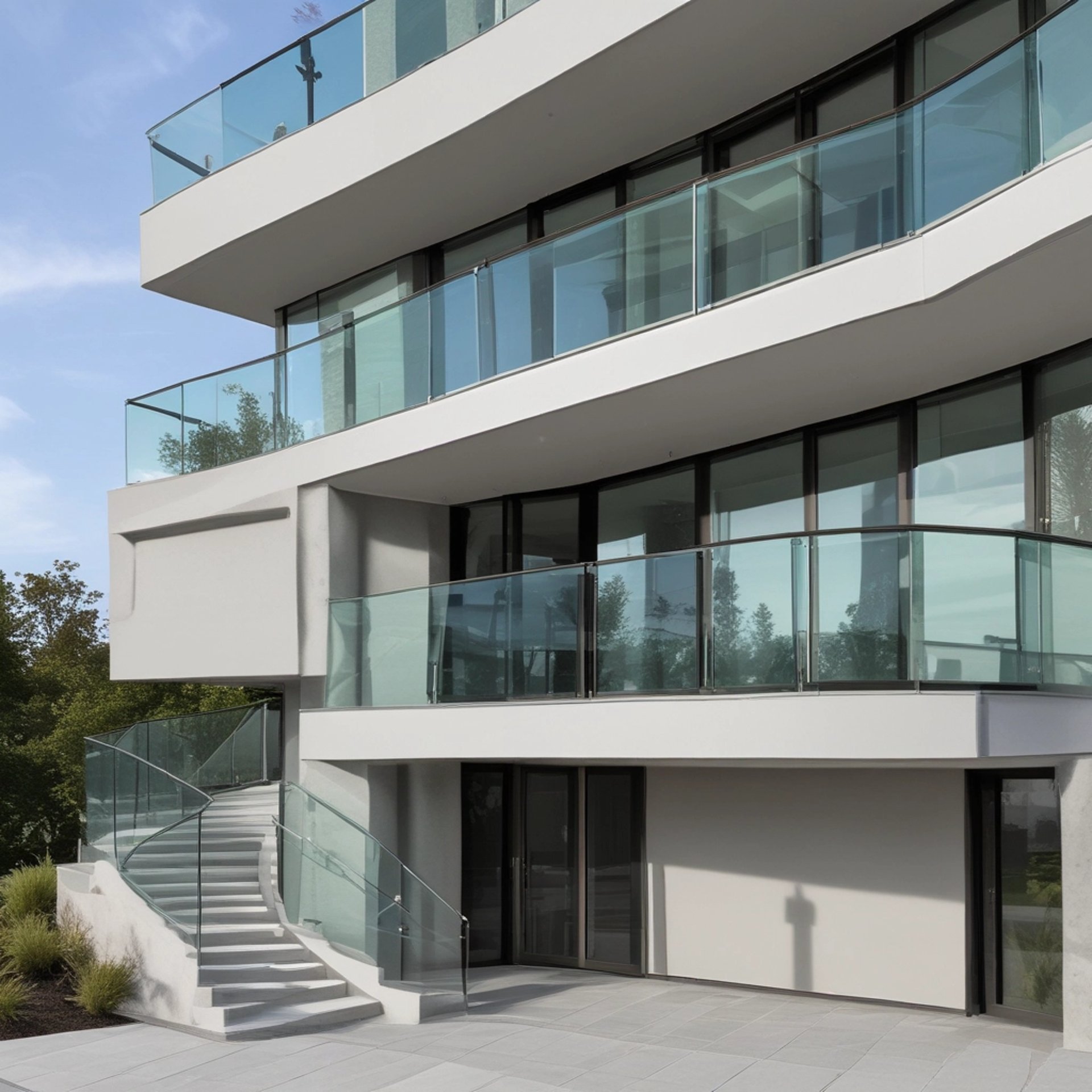 an abstract photo of a curved building with a blue sky in the background