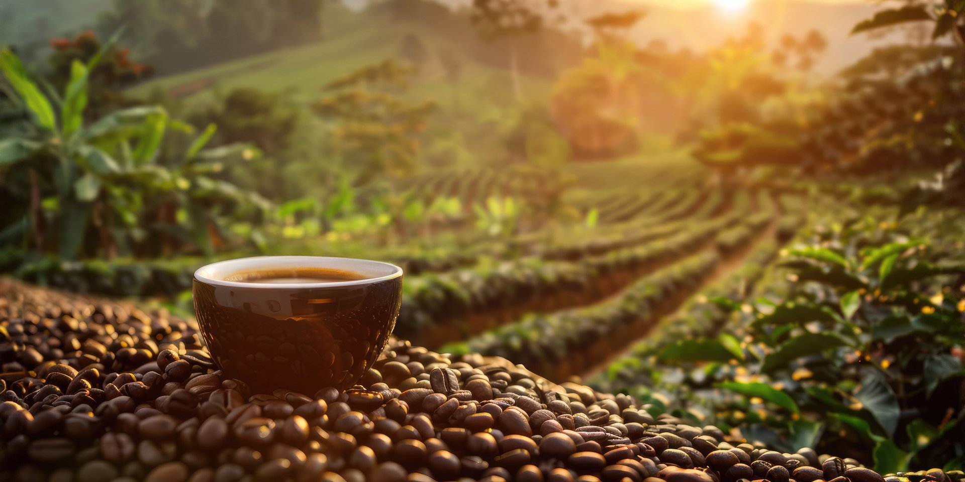 Rolling green tea fields at sunrise with mountains